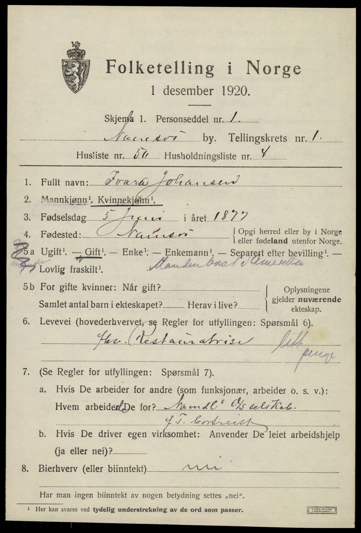 SAT, 1920 census for Namsos, 1920, p. 3129