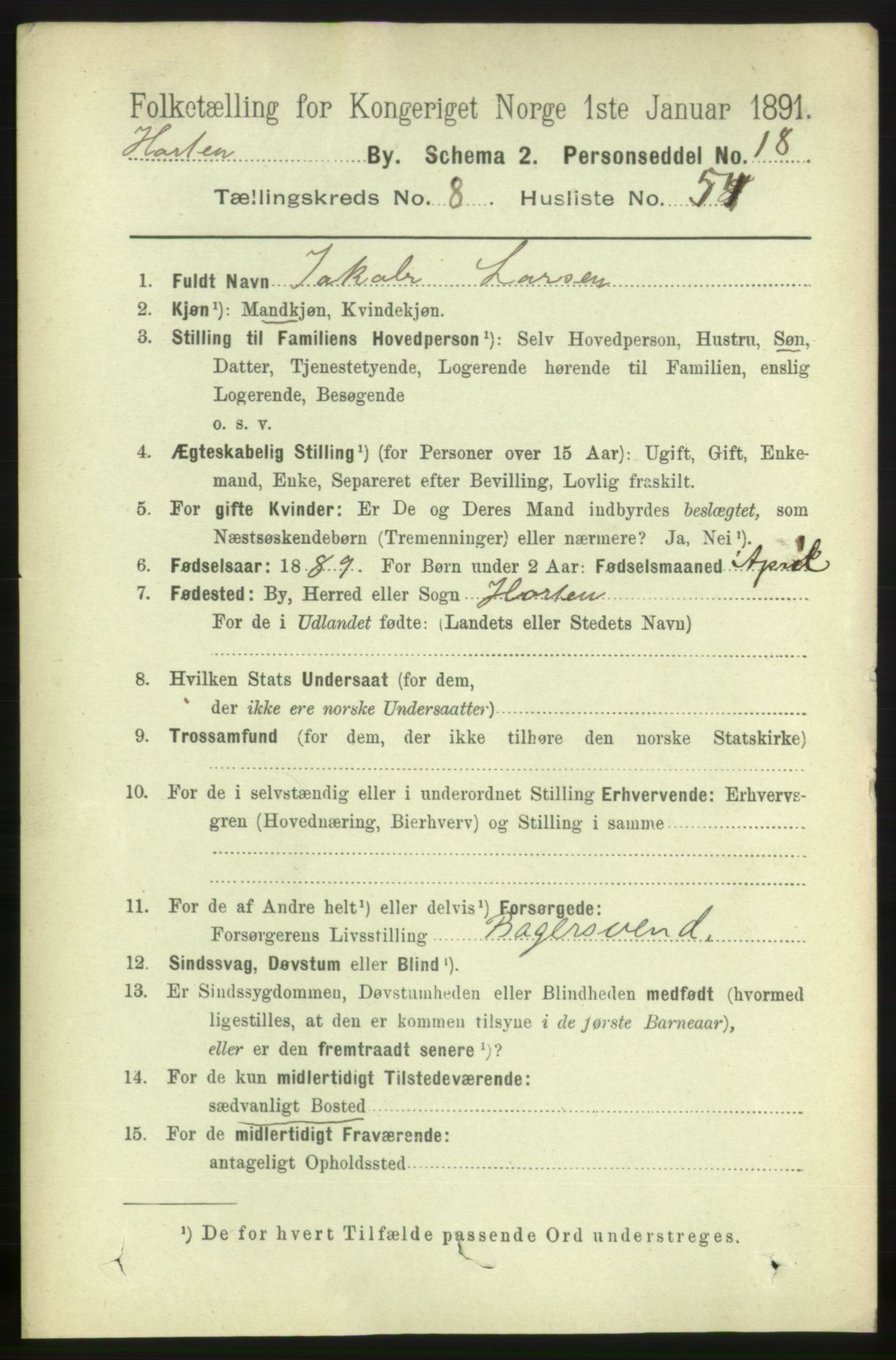 RA, 1891 census for 0703 Horten, 1891, p. 5525