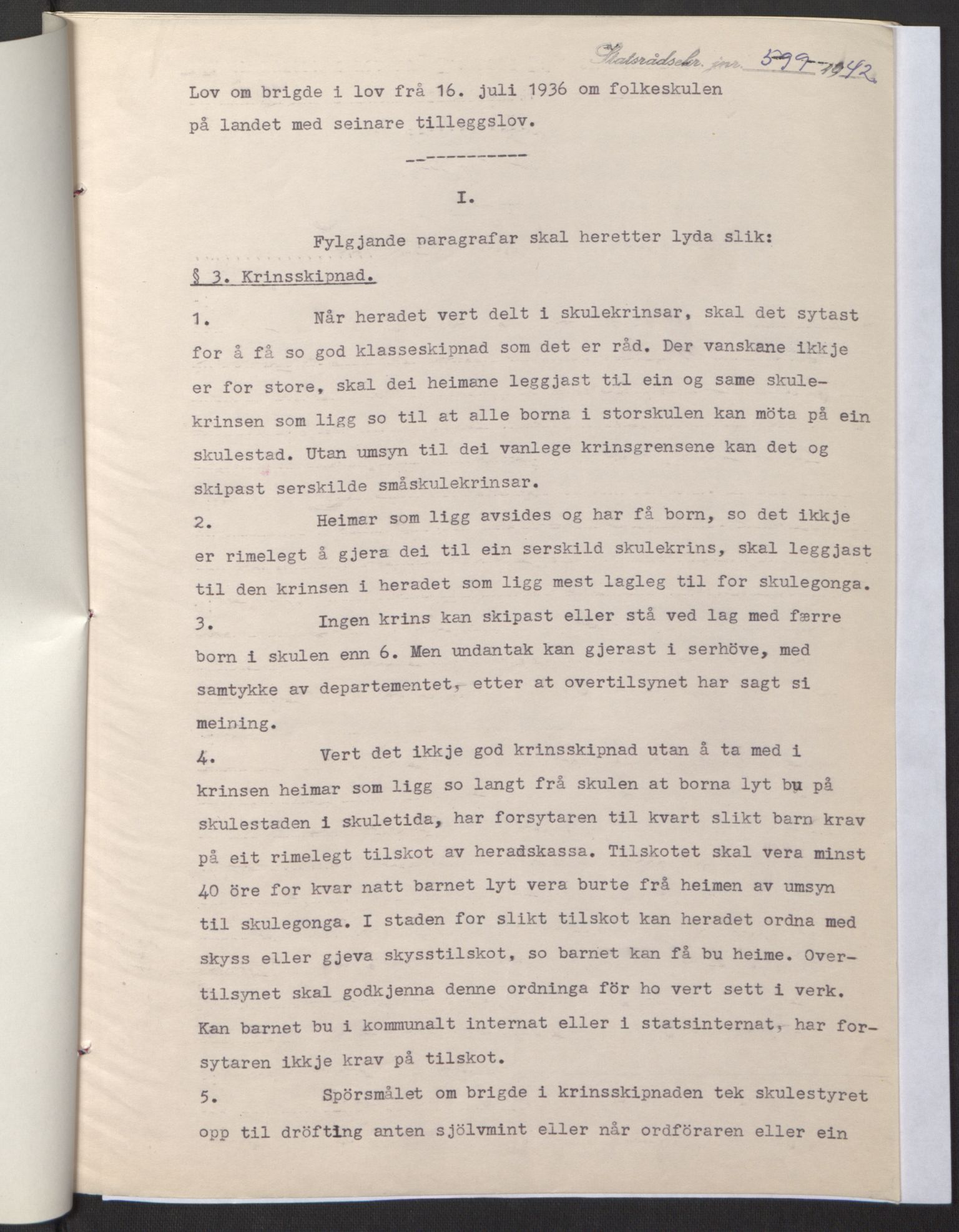 NS-administrasjonen 1940-1945 (Statsrådsekretariatet, de kommisariske statsråder mm), RA/S-4279/D/Db/L0098: Lover II, 1942, p. 129
