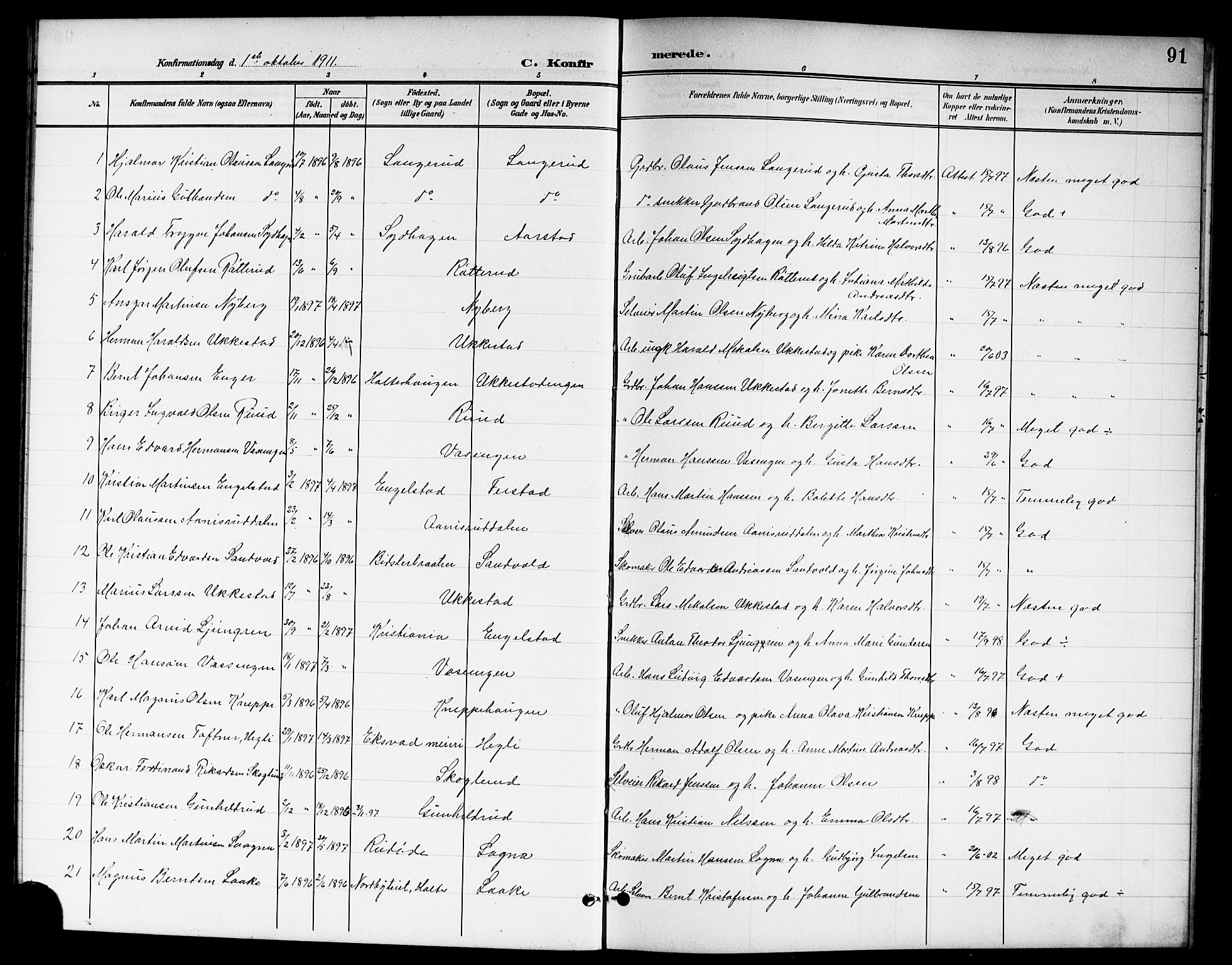 Nannestad prestekontor Kirkebøker, SAO/A-10414a/G/Ga/L0002: Parish register (copy) no. I 2, 1901-1913, p. 91