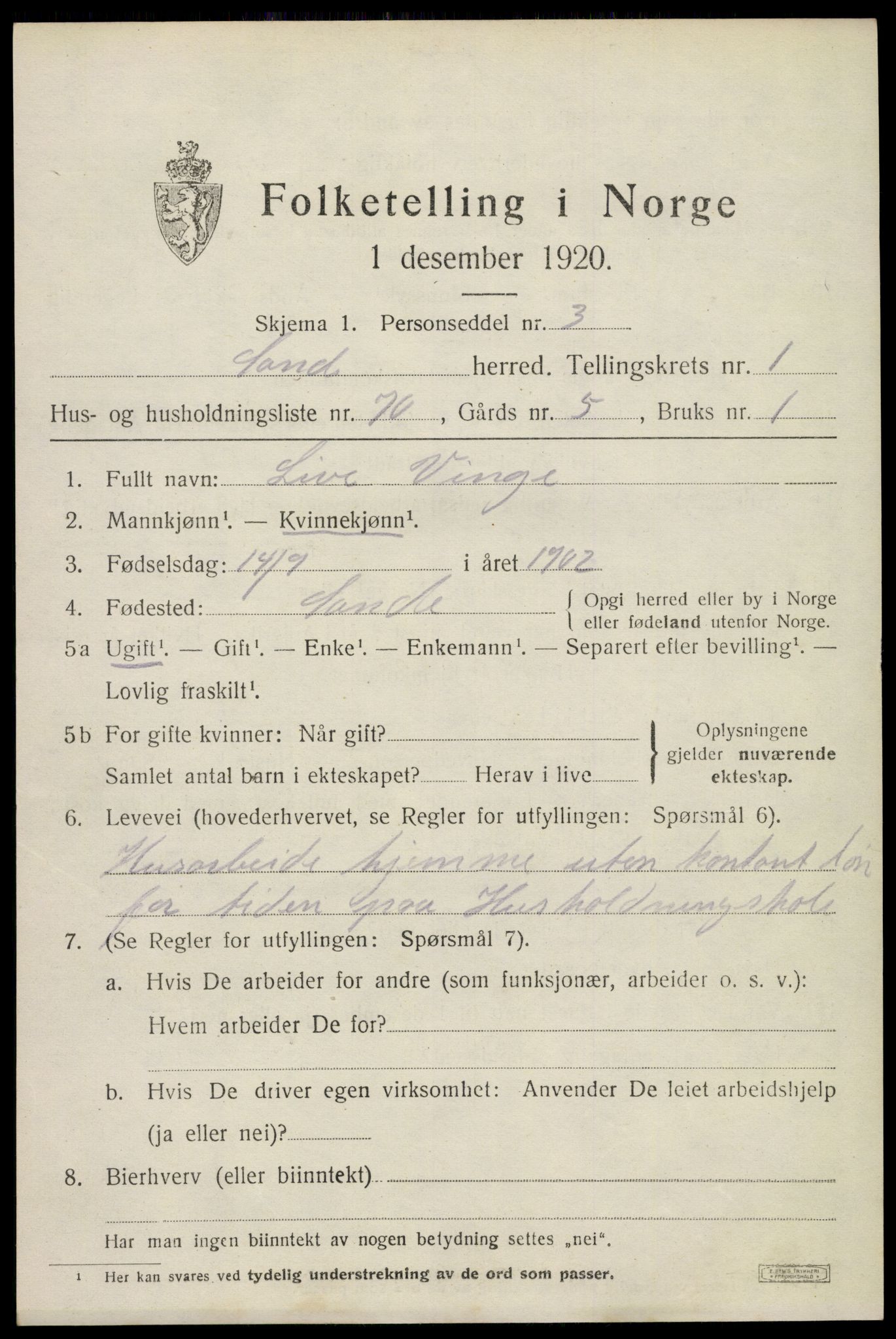 SAKO, 1920 census for Sande, 1920, p. 1982