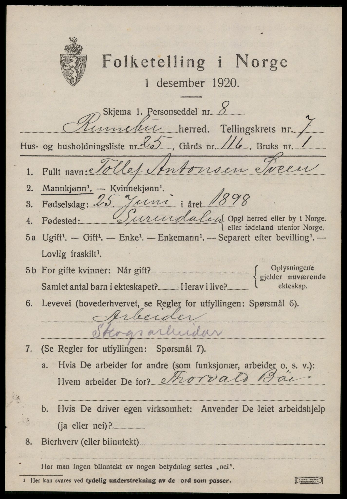 SAT, 1920 census for Rennebu, 1920, p. 5232