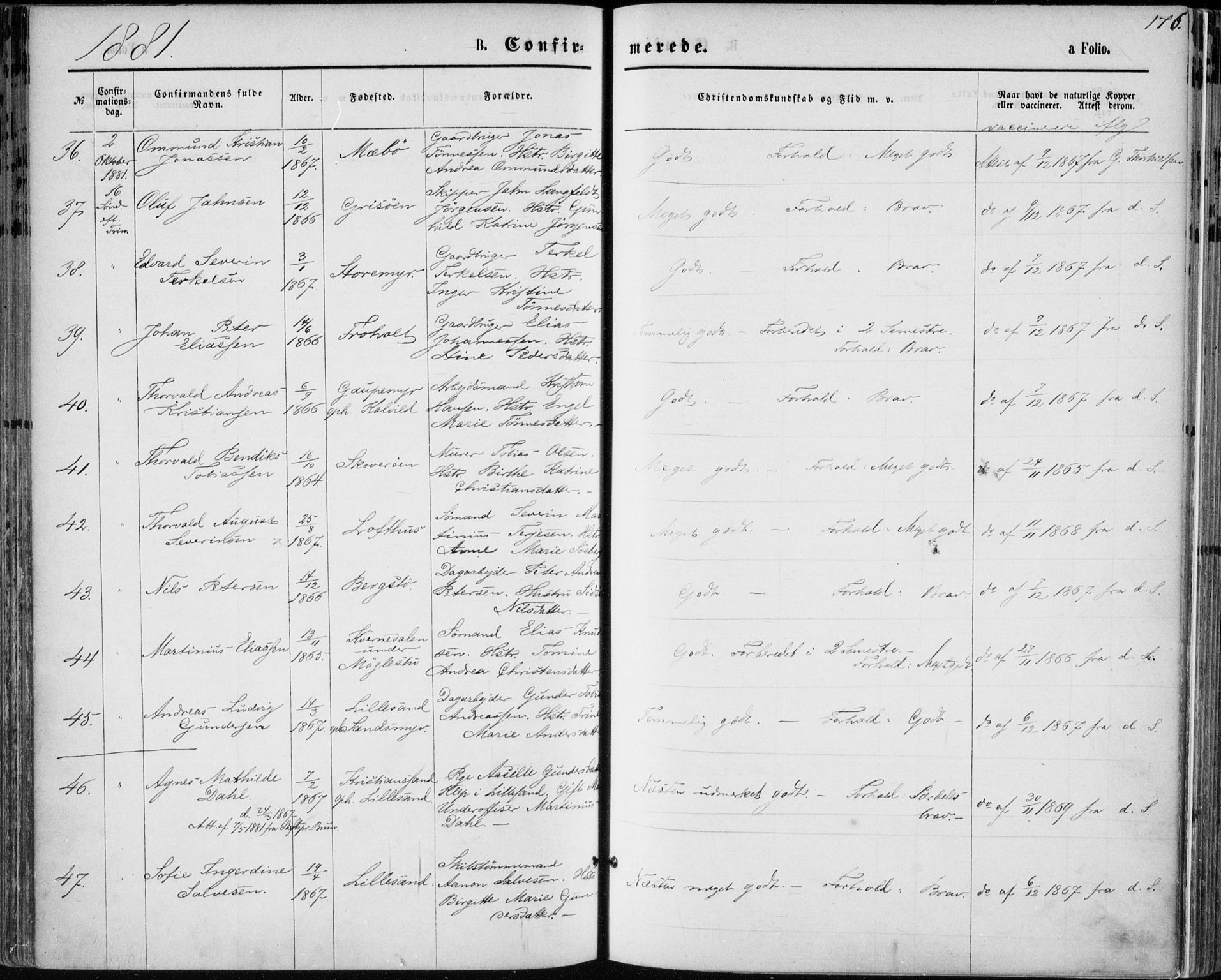 Vestre Moland sokneprestkontor, AV/SAK-1111-0046/F/Fa/Fab/L0008: Parish register (official) no. A 8, 1873-1883, p. 176