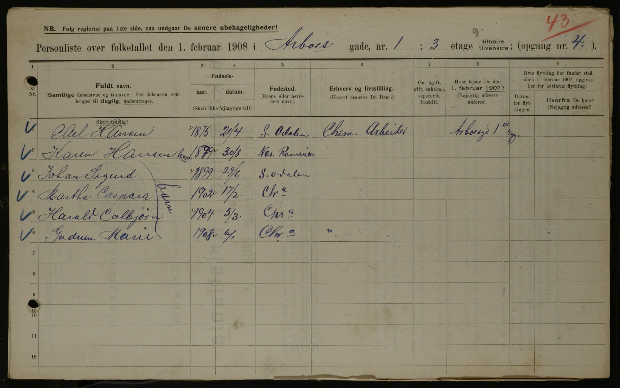 OBA, Municipal Census 1908 for Kristiania, 1908, p. 1982