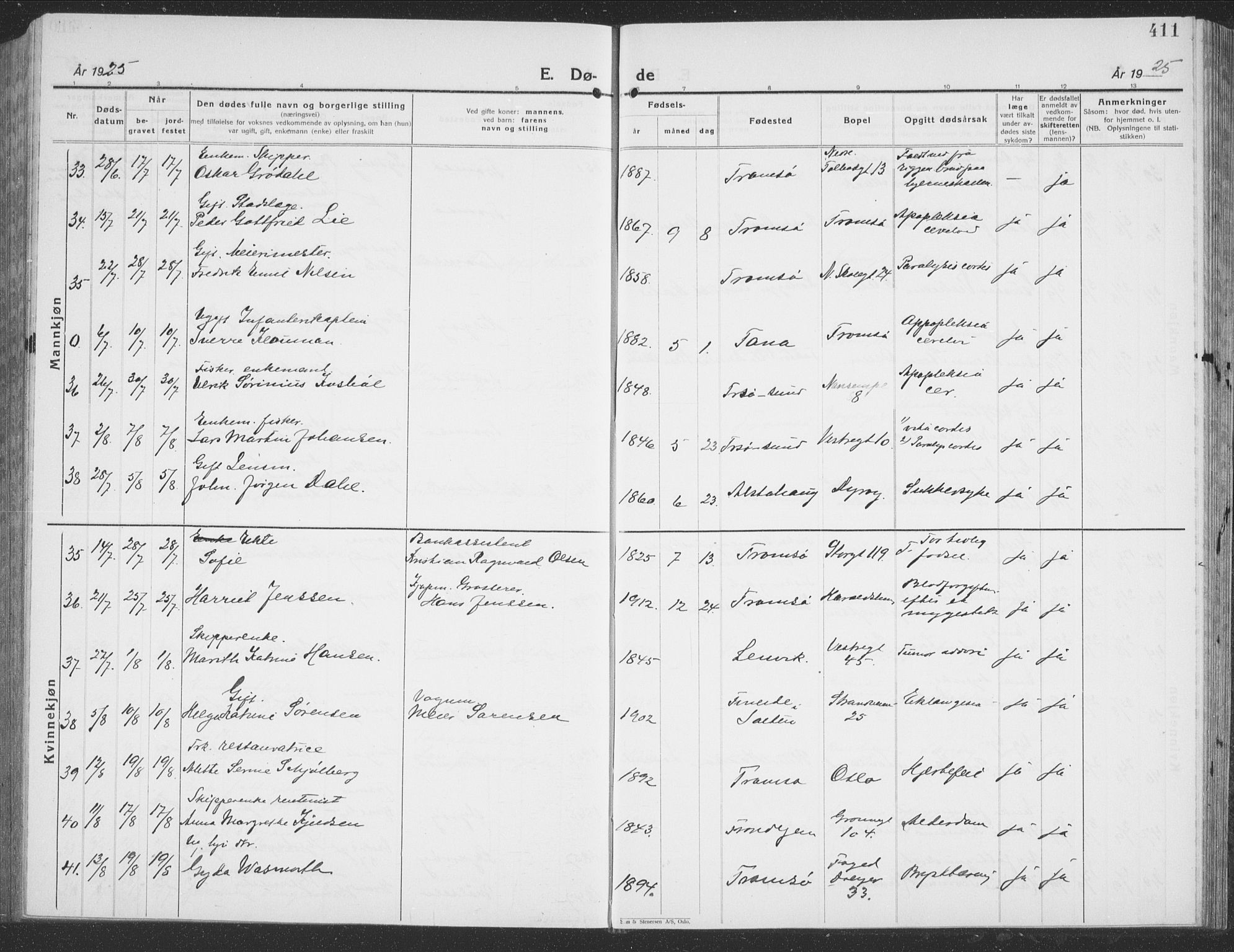 Tromsø sokneprestkontor/stiftsprosti/domprosti, AV/SATØ-S-1343/G/Gb/L0010klokker: Parish register (copy) no. 10, 1925-1937, p. 411