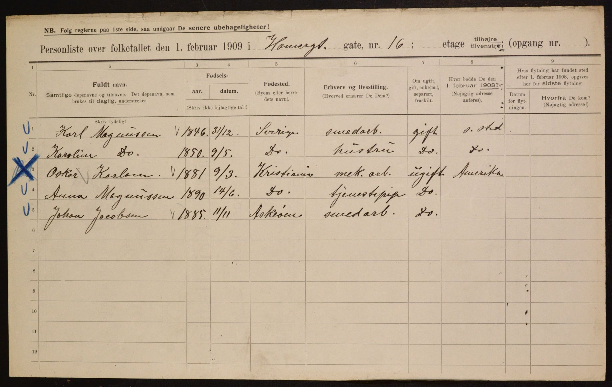 OBA, Municipal Census 1909 for Kristiania, 1909, p. 31147