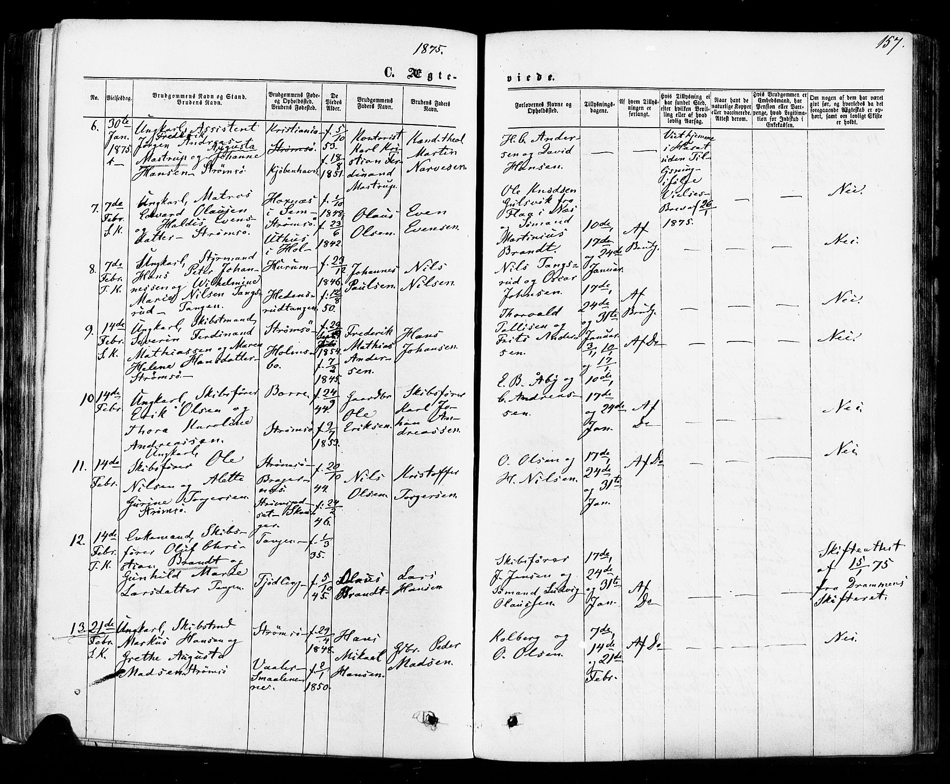 Strømsø kirkebøker, AV/SAKO-A-246/F/Fa/L0018: Parish register (official) no. I 18, 1865-1878, p. 157