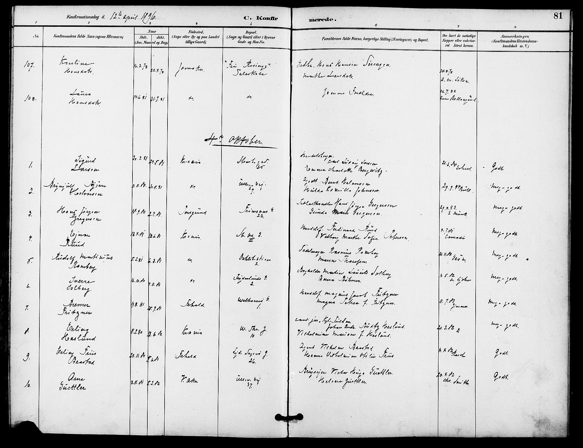Gamle Aker prestekontor Kirkebøker, AV/SAO-A-10617a/F/L0009: Parish register (official) no. 9, 1890-1898, p. 81
