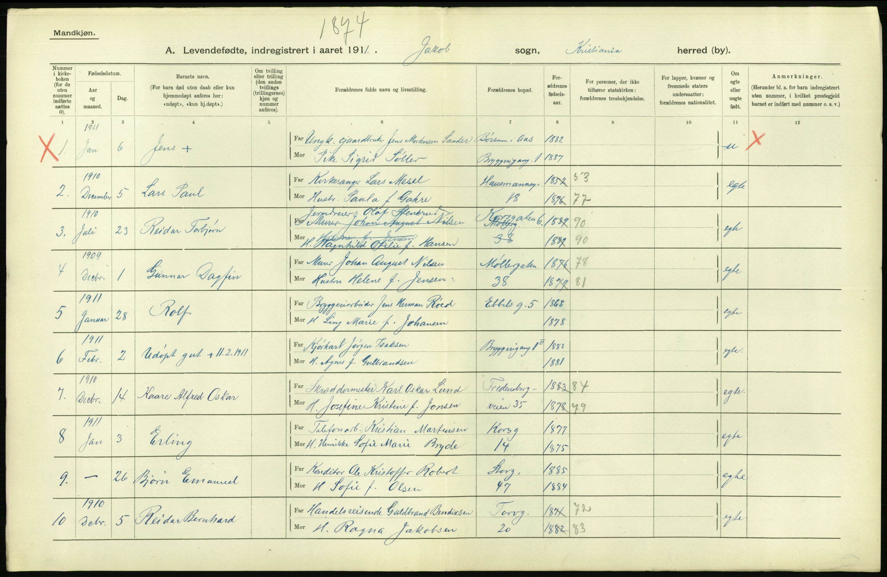 Statistisk sentralbyrå, Sosiodemografiske emner, Befolkning, AV/RA-S-2228/D/Df/Dfb/Dfba/L0006: Kristiania: Levendefødte menn., 1911, p. 760