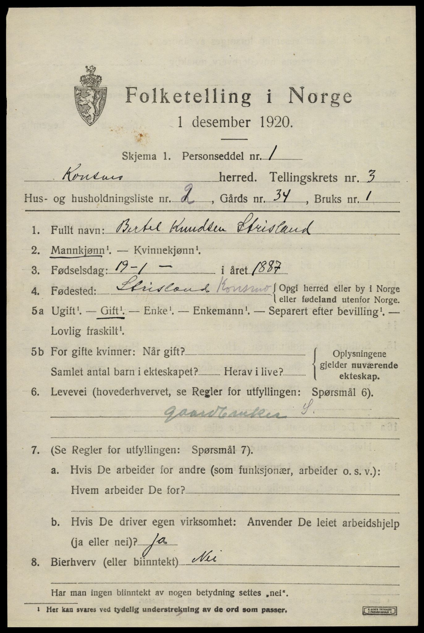 SAK, 1920 census for Konsmo, 1920, p. 1132