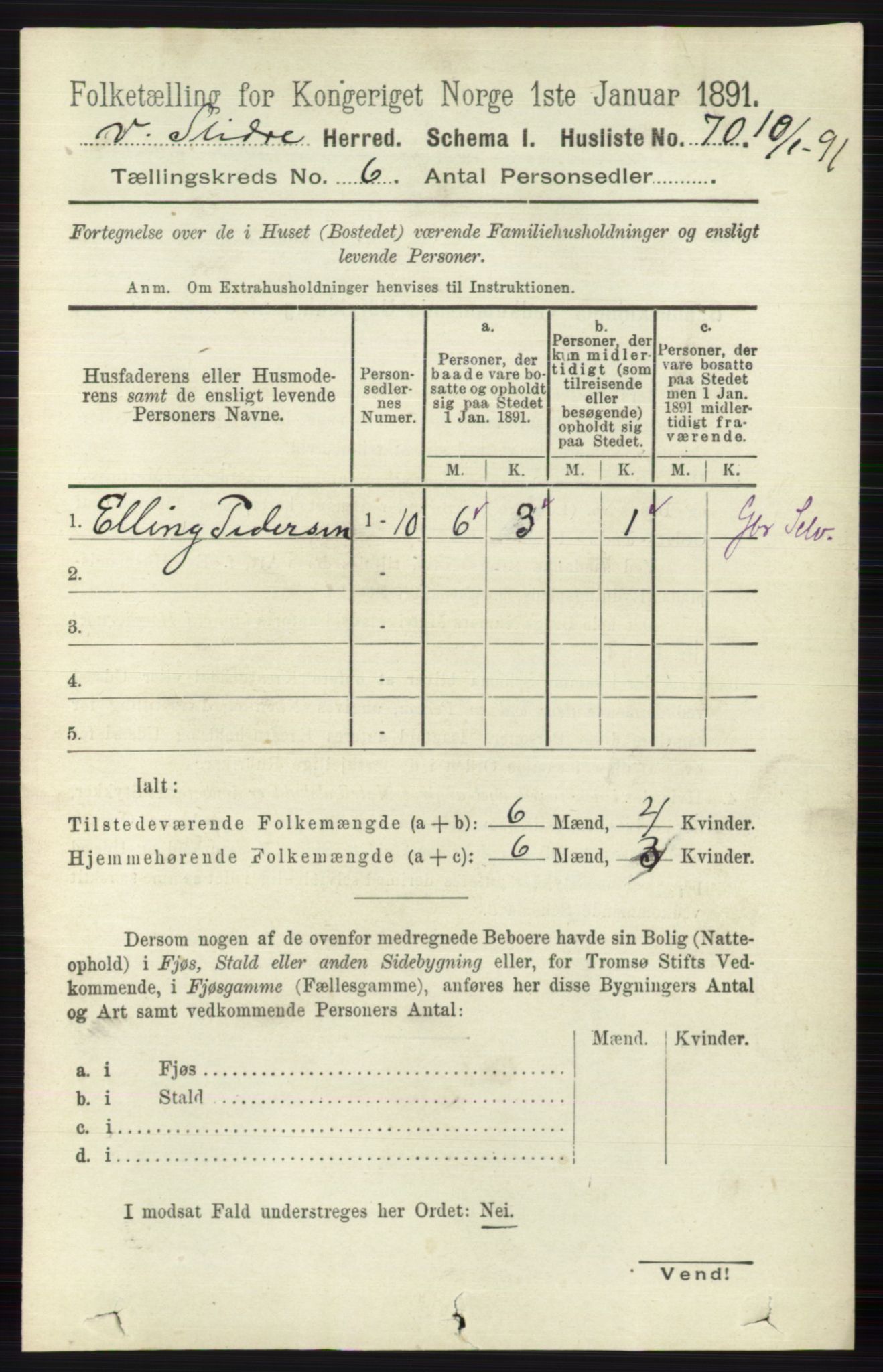 RA, 1891 census for 0543 Vestre Slidre, 1891, p. 2059