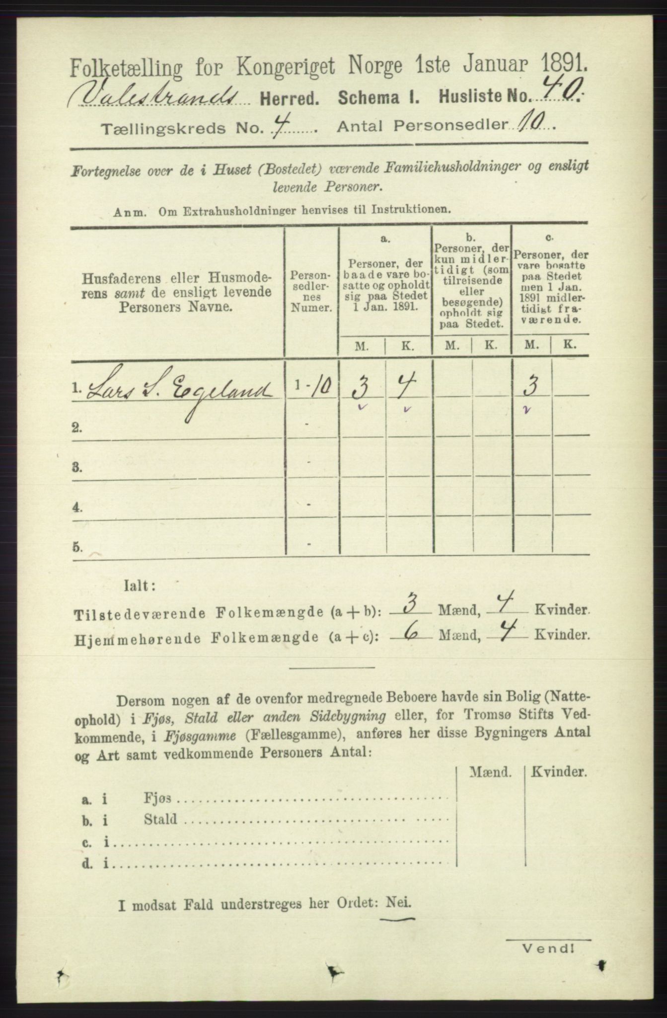 RA, 1891 census for 1217 Valestrand, 1891, p. 870