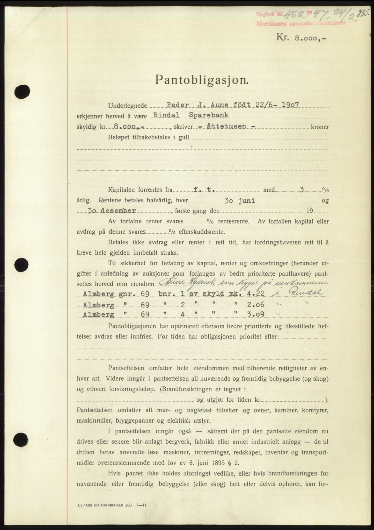 Nordmøre sorenskriveri, AV/SAT-A-4132/1/2/2Ca: Mortgage book no. B95, 1946-1947, Diary no: : 462/1947