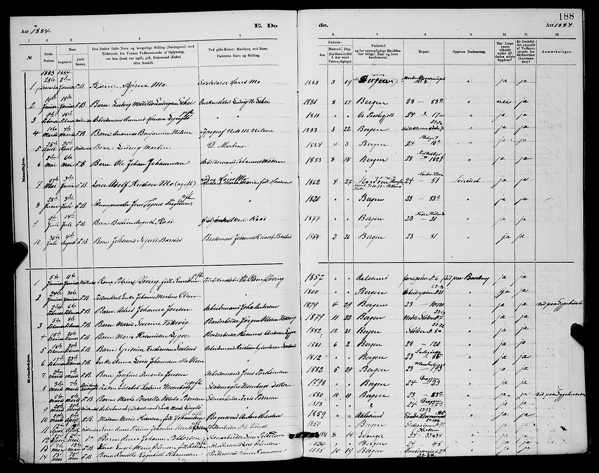 Mariakirken Sokneprestembete, SAB/A-76901/H/Hab/L0004: Parish register (copy) no. A 4, 1878-1892, p. 188