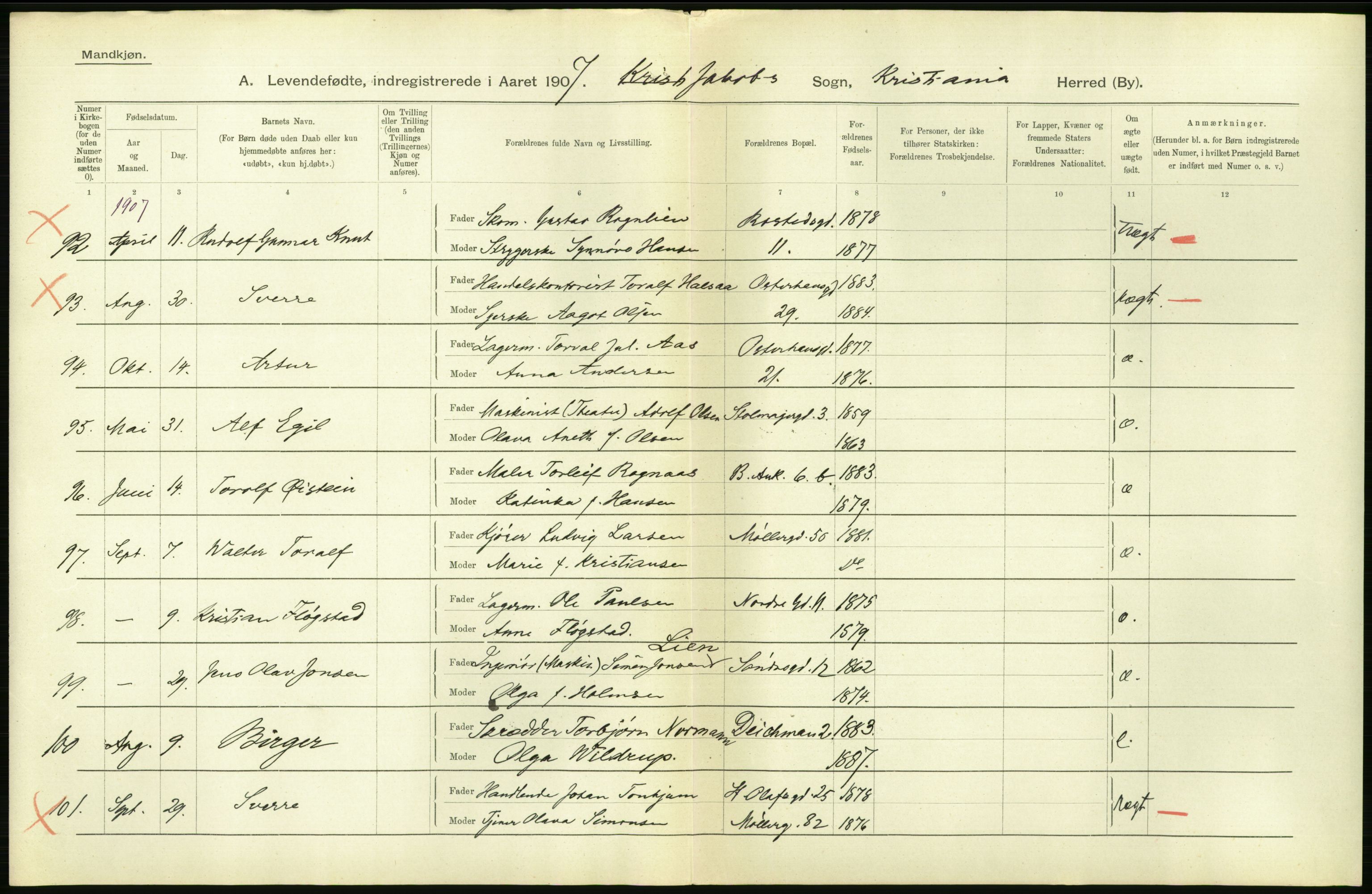 Statistisk sentralbyrå, Sosiodemografiske emner, Befolkning, AV/RA-S-2228/D/Df/Dfa/Dfae/L0007: Kristiania: Levendefødte menn og kvinner., 1907, p. 372