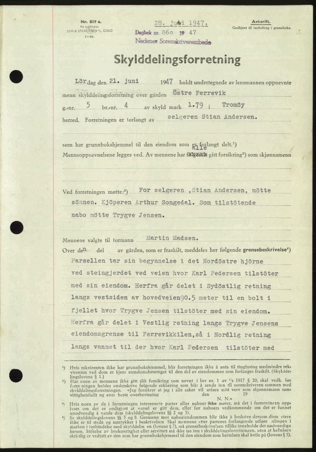 Nedenes sorenskriveri, AV/SAK-1221-0006/G/Gb/Gba/L0057: Mortgage book no. A9, 1947-1947, Diary no: : 860/1947