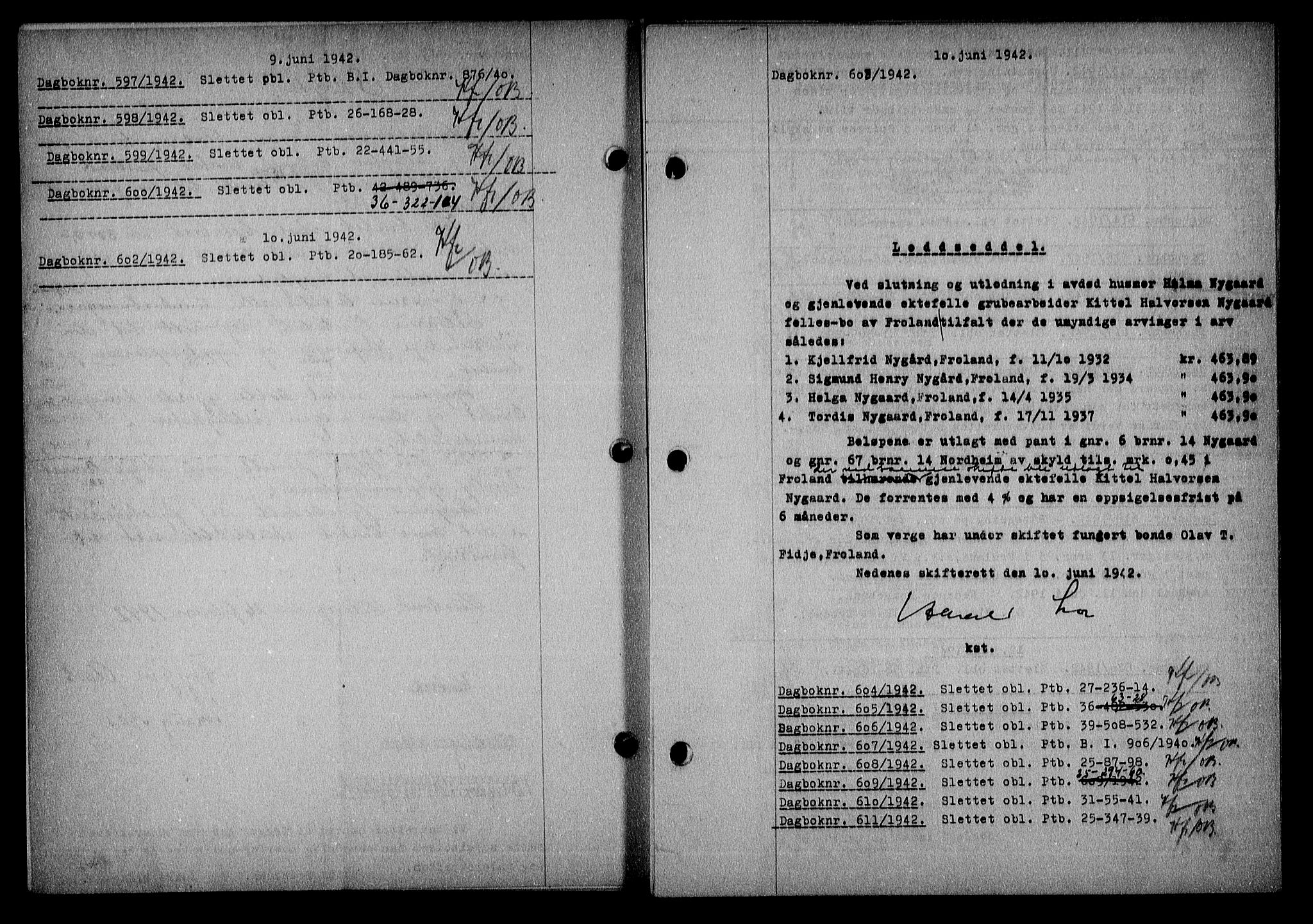 Nedenes sorenskriveri, SAK/1221-0006/G/Gb/Gba/L0049: Mortgage book no. A-III, 1941-1942, Diary no: : 597/1942