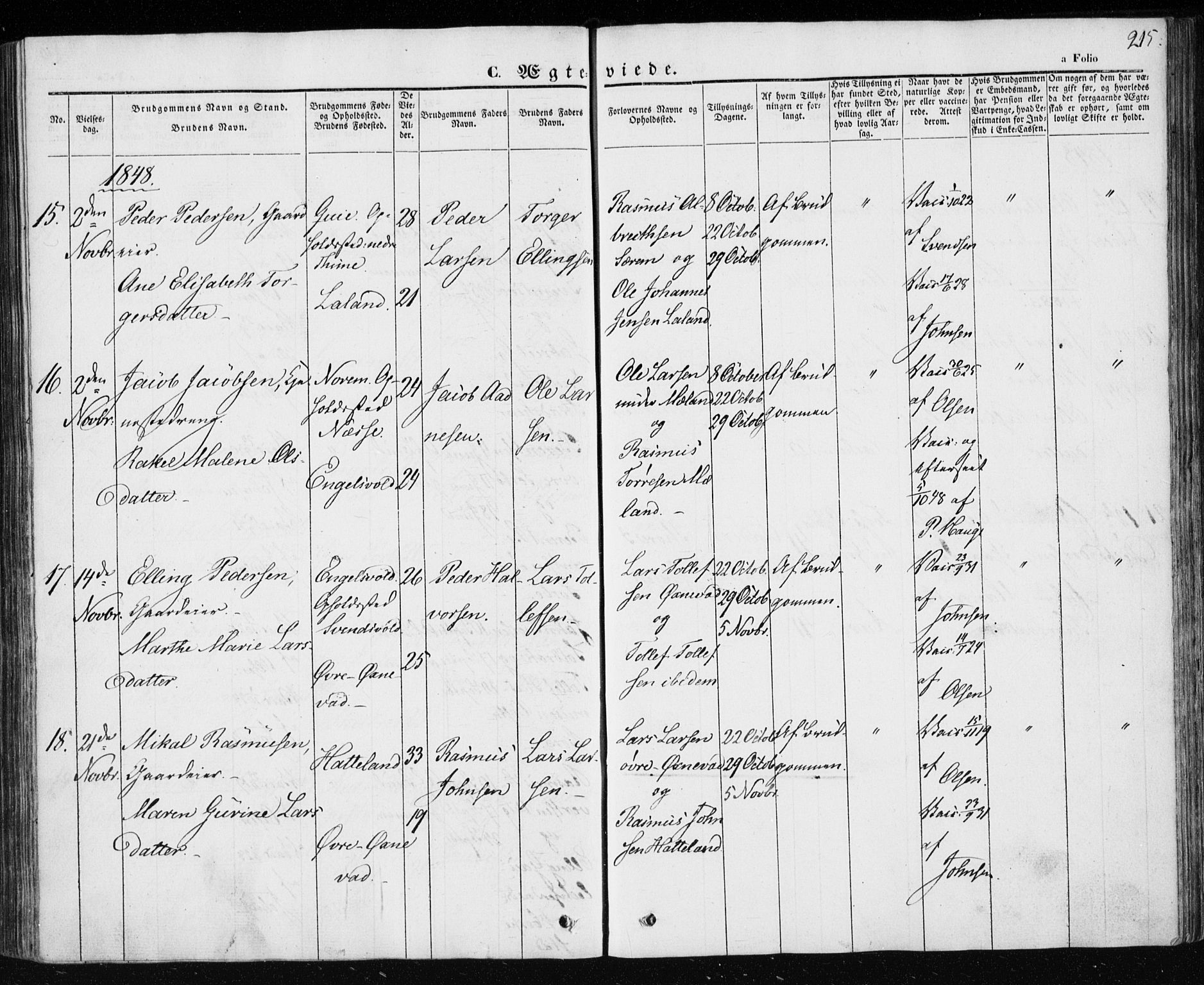Klepp sokneprestkontor, SAST/A-101803/001/3/30BA/L0004: Parish register (official) no. A 4, 1842-1852, p. 215