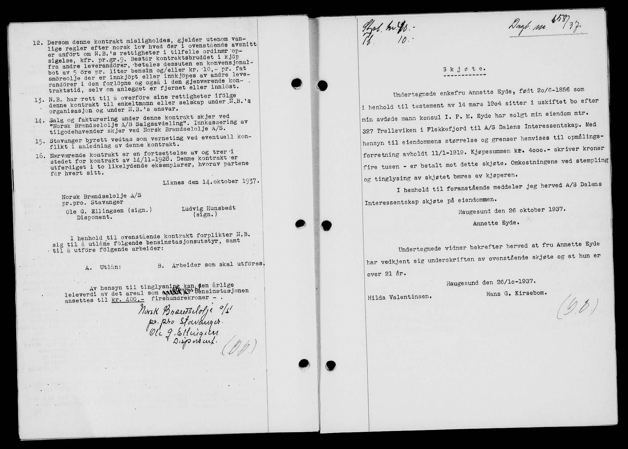 Flekkefjord sorenskriveri, SAK/1221-0001/G/Gb/Gba/L0054: Mortgage book no. A-2, 1937-1938, Diary no: : 658/1937