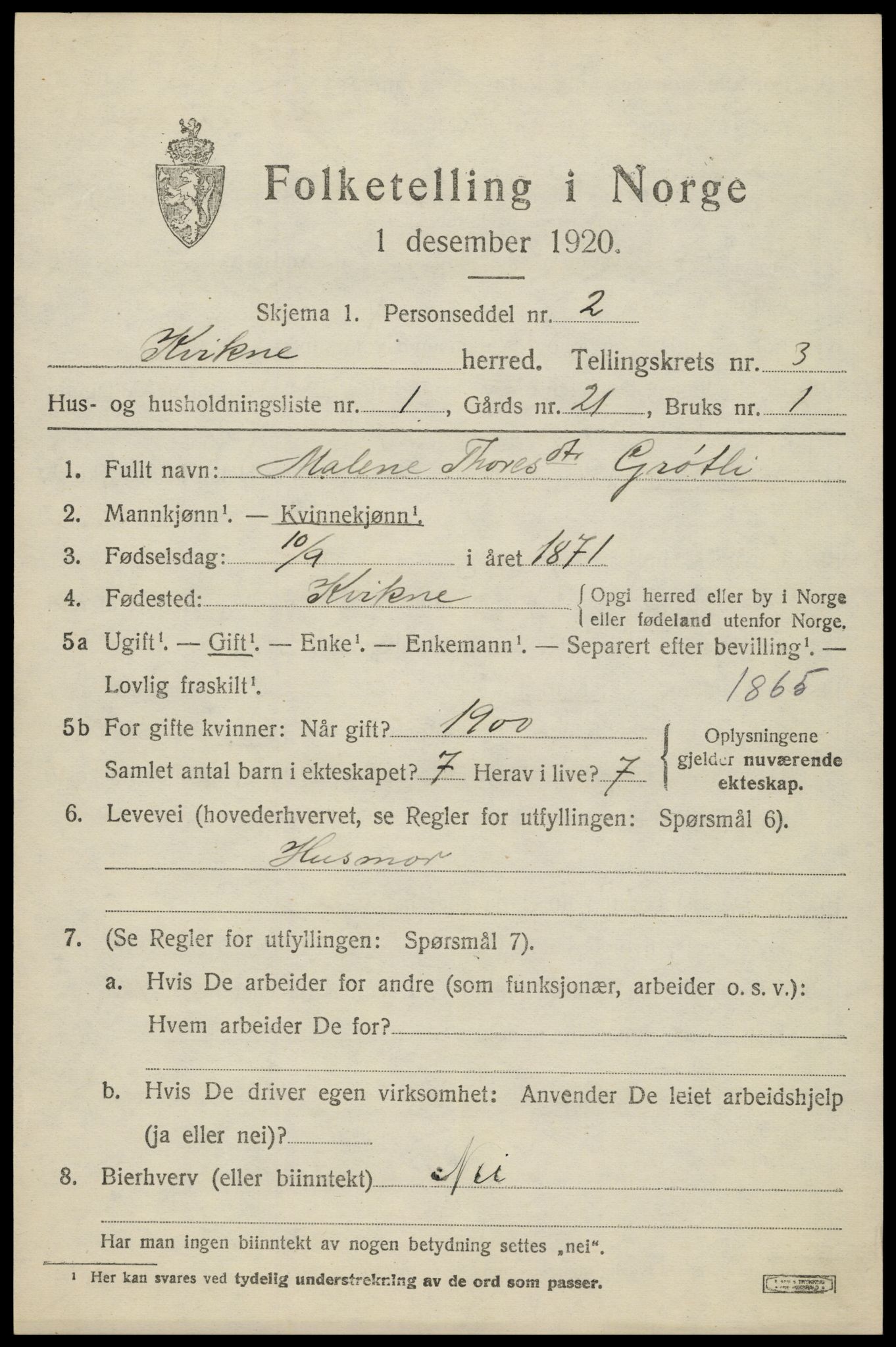 SAH, 1920 census for Kvikne, 1920, p. 1270