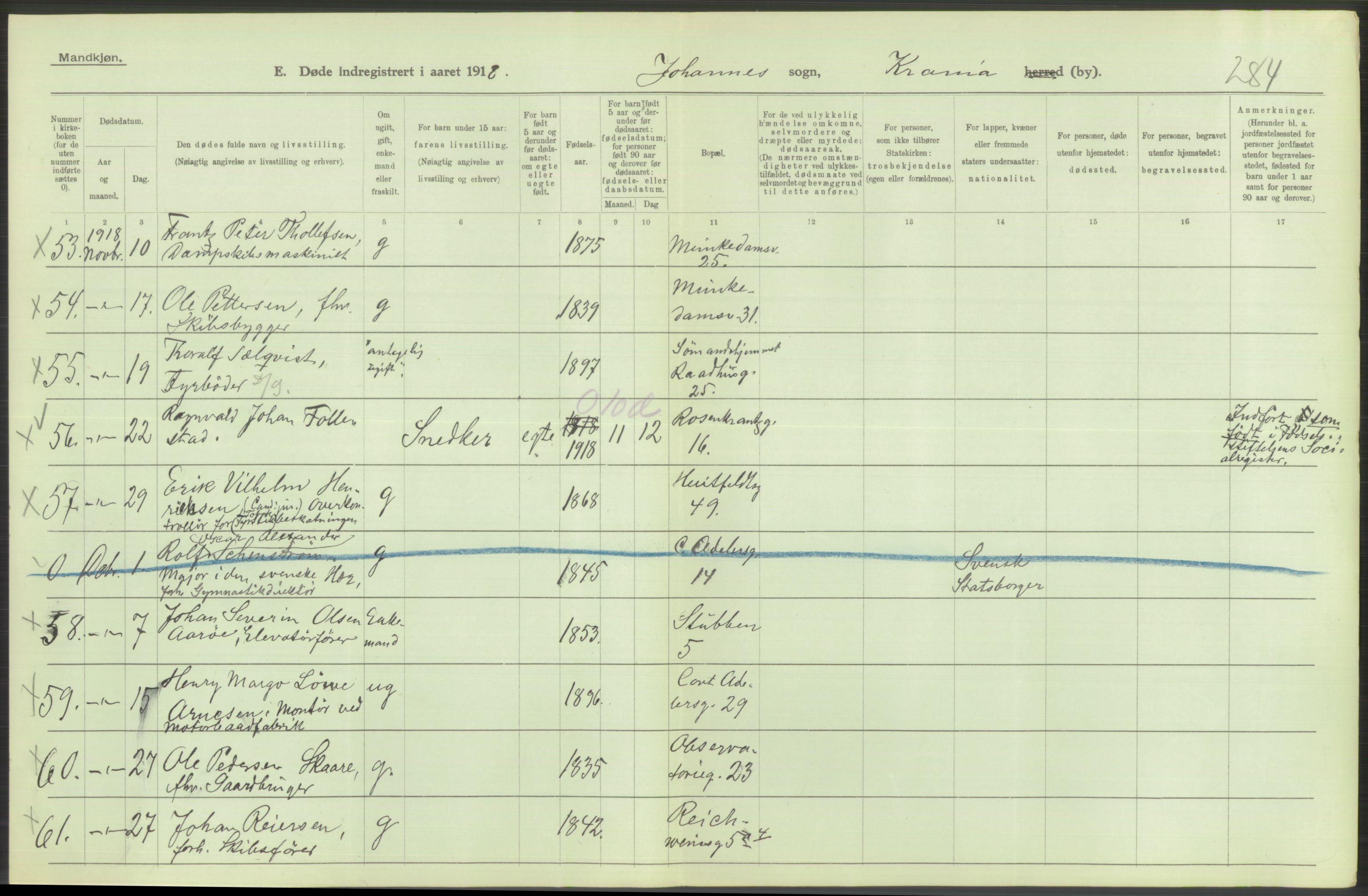 Statistisk sentralbyrå, Sosiodemografiske emner, Befolkning, AV/RA-S-2228/D/Df/Dfb/Dfbh/L0010: Kristiania: Døde, 1918, p. 158