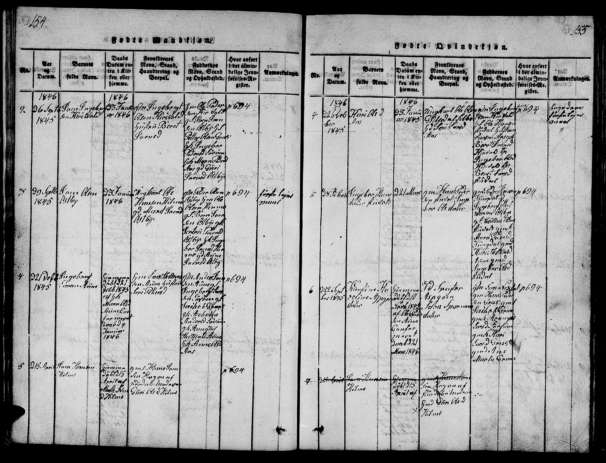 Ministerialprotokoller, klokkerbøker og fødselsregistre - Sør-Trøndelag, SAT/A-1456/698/L1164: Parish register (copy) no. 698C01, 1816-1861, p. 154-155