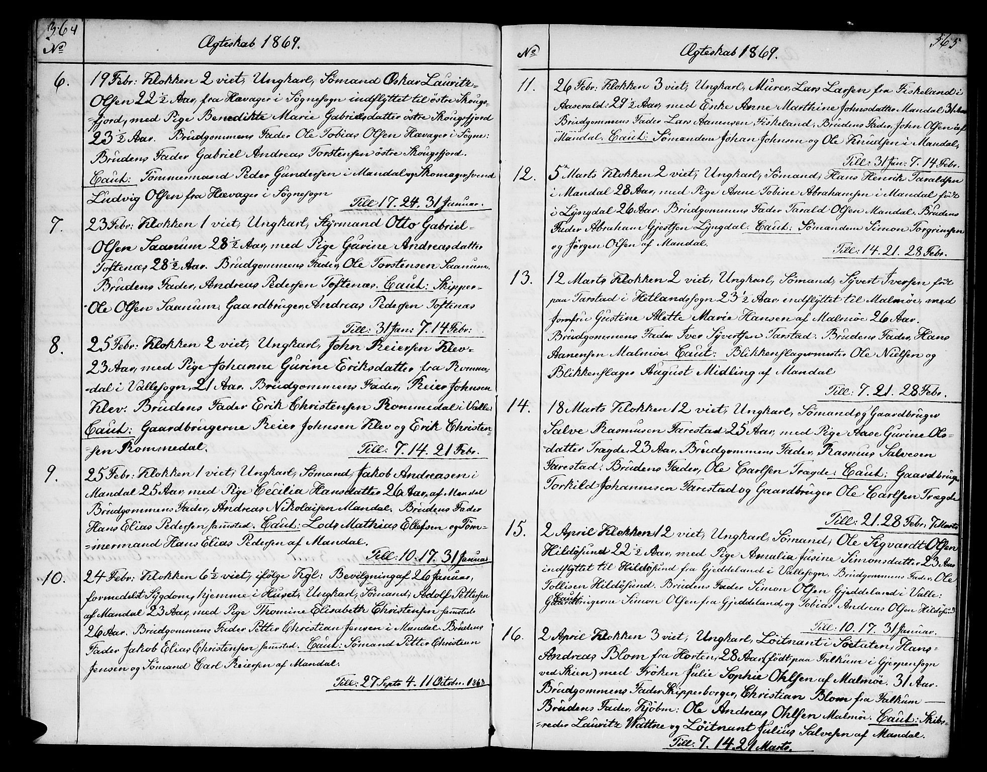 Mandal sokneprestkontor, SAK/1111-0030/F/Fb/Fba/L0009: Parish register (copy) no. B 3, 1867-1877, p. 364-365