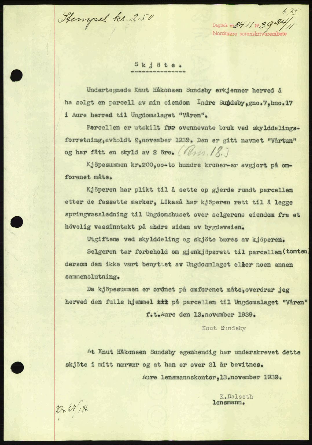 Nordmøre sorenskriveri, AV/SAT-A-4132/1/2/2Ca: Mortgage book no. A87, 1939-1940, Diary no: : 3411/1939