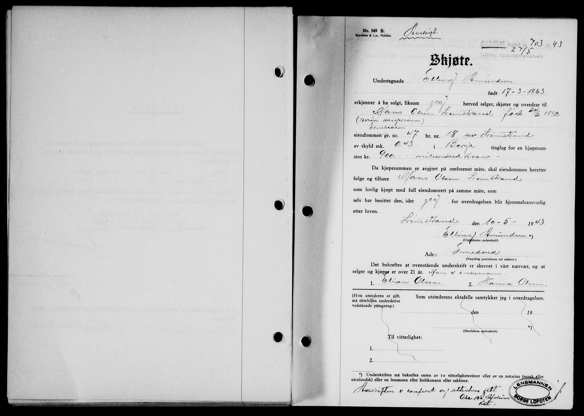 Lofoten sorenskriveri, SAT/A-0017/1/2/2C/L0011a: Mortgage book no. 11a, 1943-1943, Diary no: : 703/1943