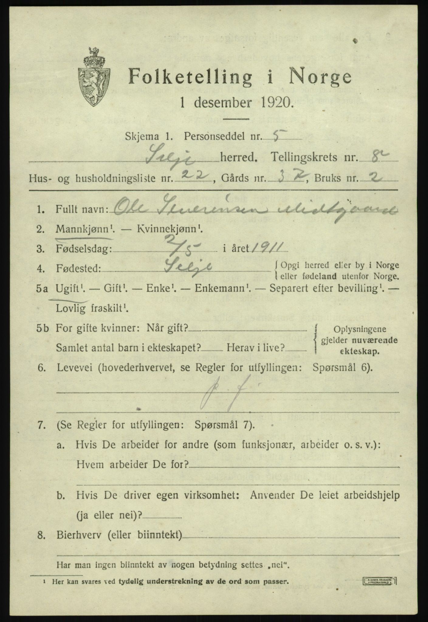 SAB, 1920 census for Selje, 1920, p. 4305