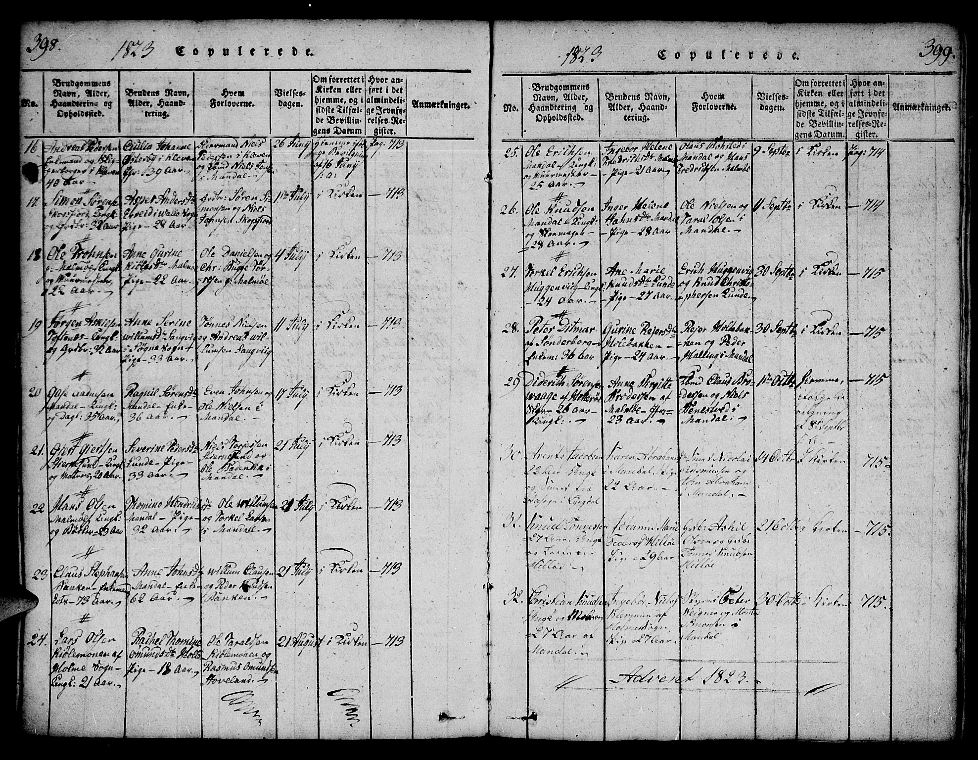 Mandal sokneprestkontor, AV/SAK-1111-0030/F/Fa/Faa/L0010: Parish register (official) no. A 10, 1817-1830, p. 398-399