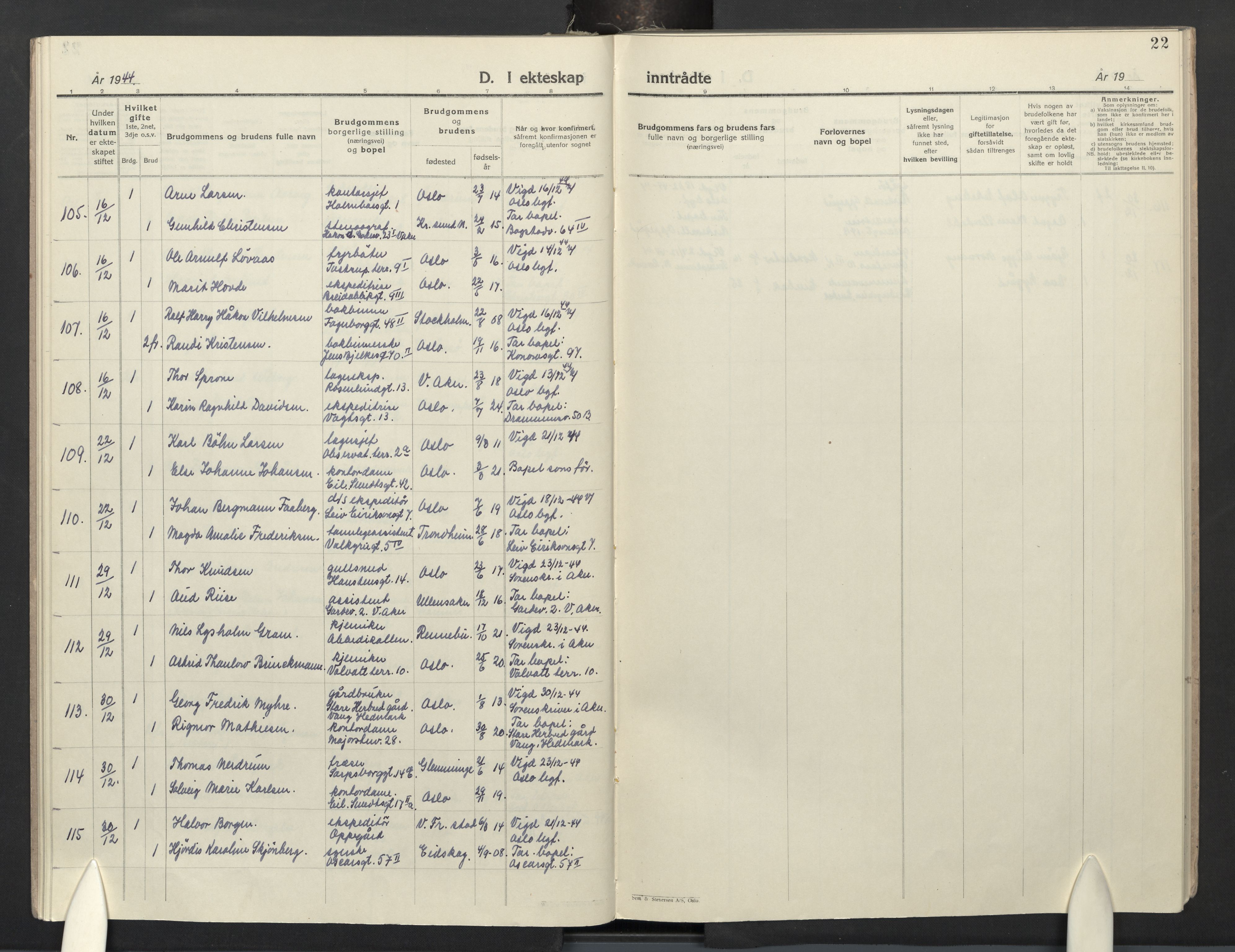 Uranienborg prestekontor Kirkebøker, AV/SAO-A-10877/F/Fb/L0001: Parish register (official) no. II 1, 1942-1964, p. 22