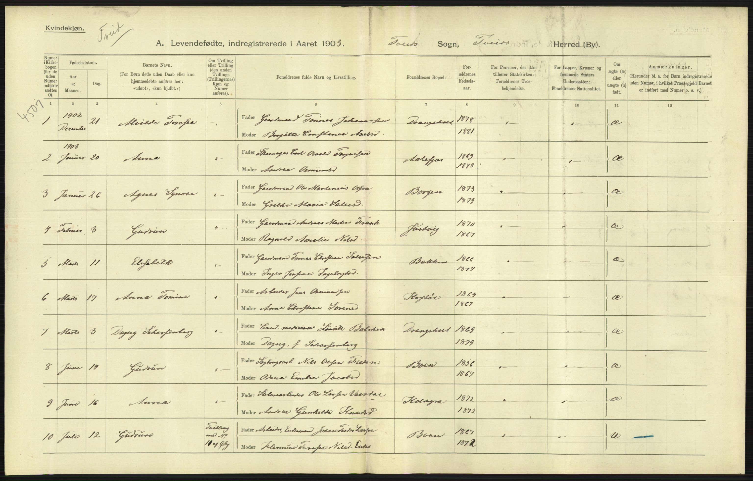 Statistisk sentralbyrå, Sosiodemografiske emner, Befolkning, AV/RA-S-2228/D/Df/Dfa/Dfaa/L0011: Lister og Mandal amt: Fødte, gifte, døde, 1903, p. 5