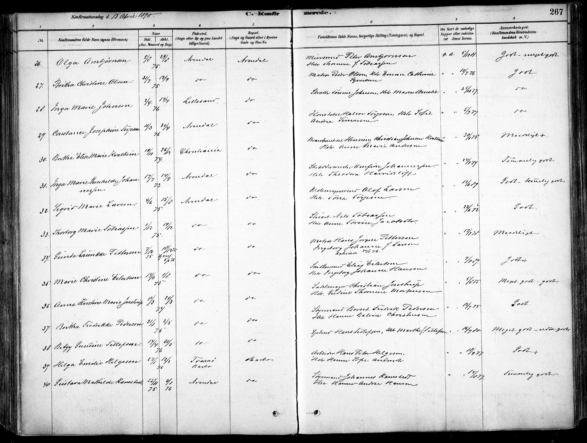 Arendal sokneprestkontor, Trefoldighet, AV/SAK-1111-0040/F/Fa/L0008: Parish register (official) no. A 8, 1878-1899, p. 267