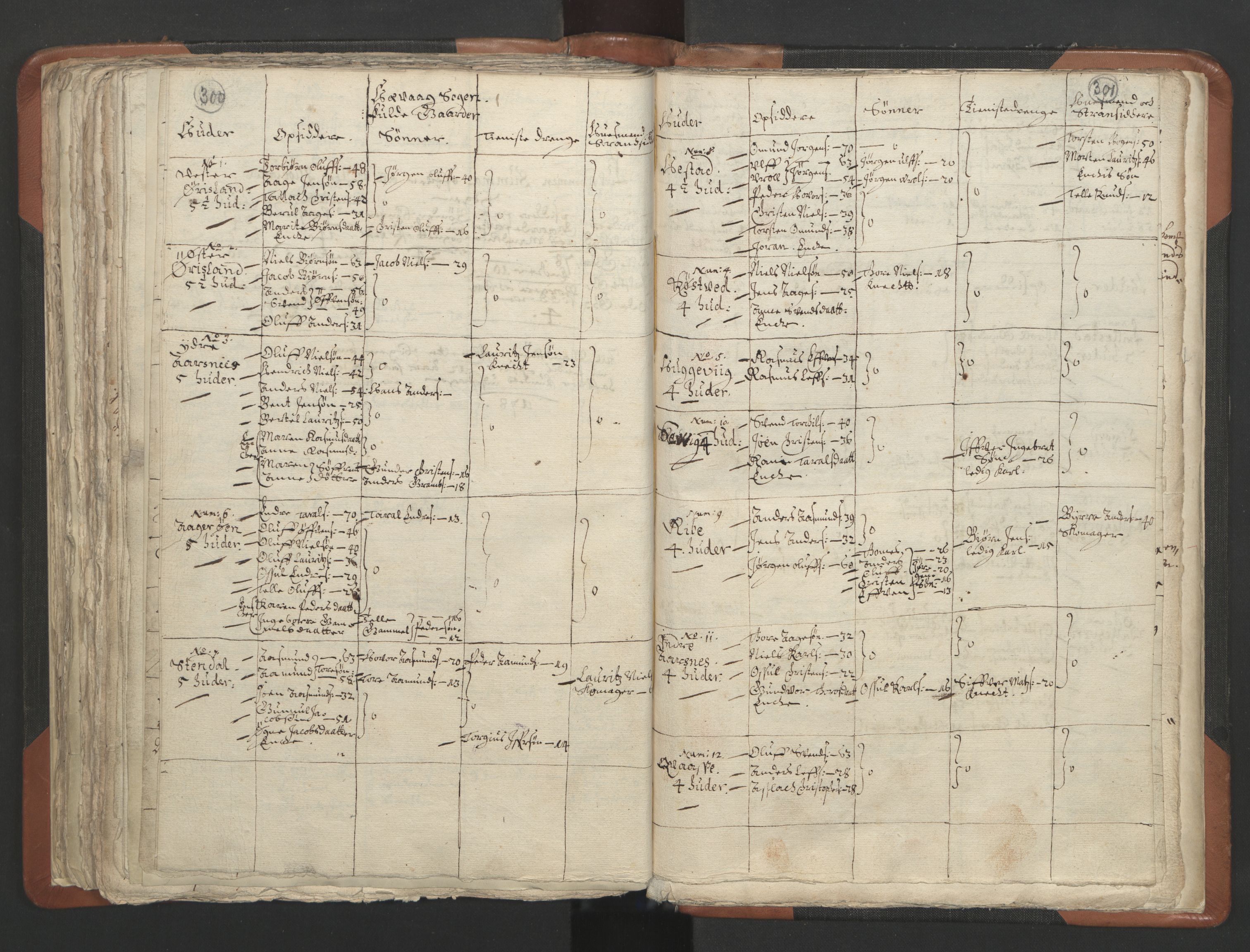 RA, Vicar's Census 1664-1666, no. 13: Nedenes deanery, 1664-1666, p. 300-301