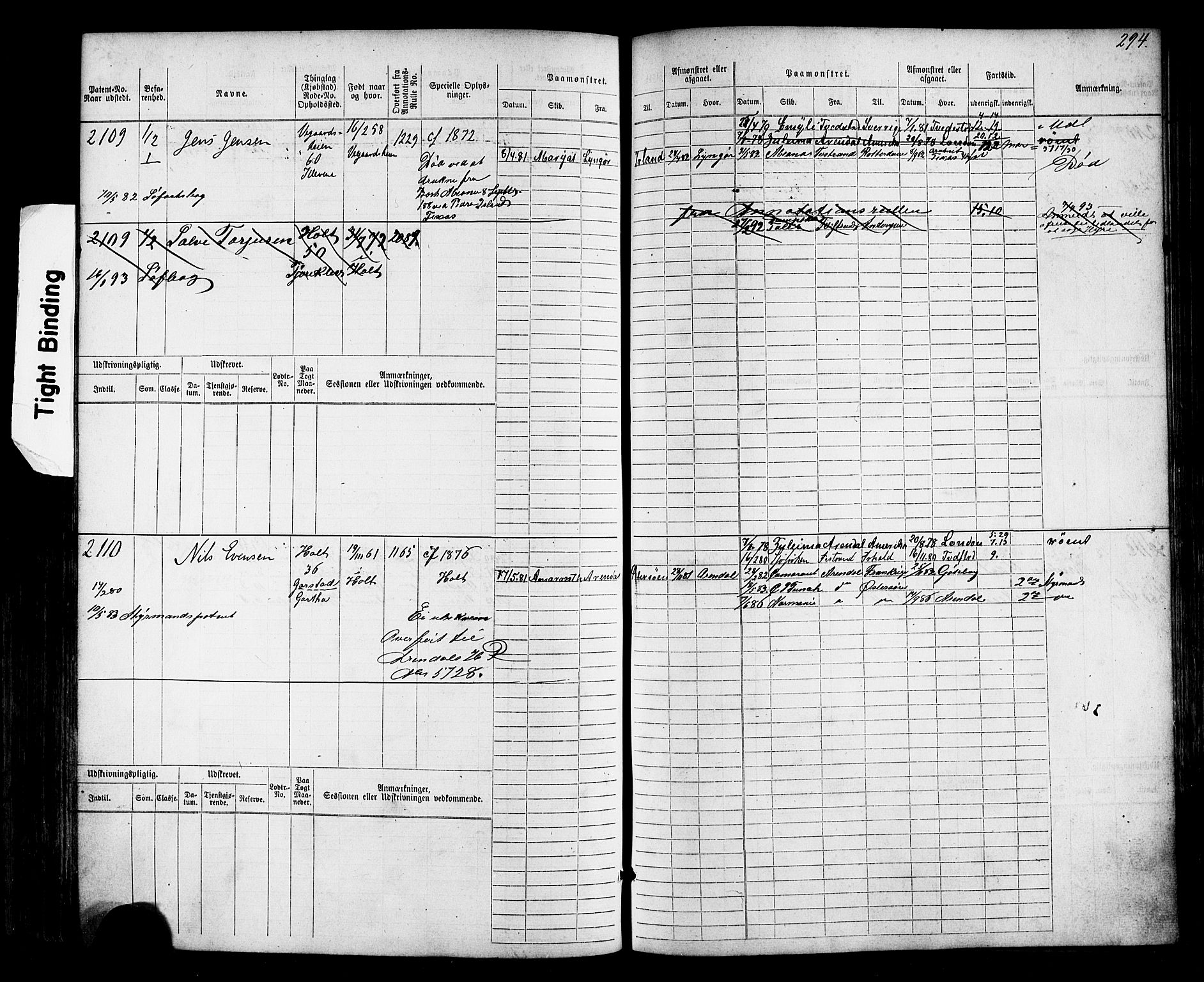 Tvedestrand mønstringskrets, AV/SAK-2031-0011/F/Fb/L0017: Hovedrulle nr 1533-2288, U-33, 1874-1882, p. 303