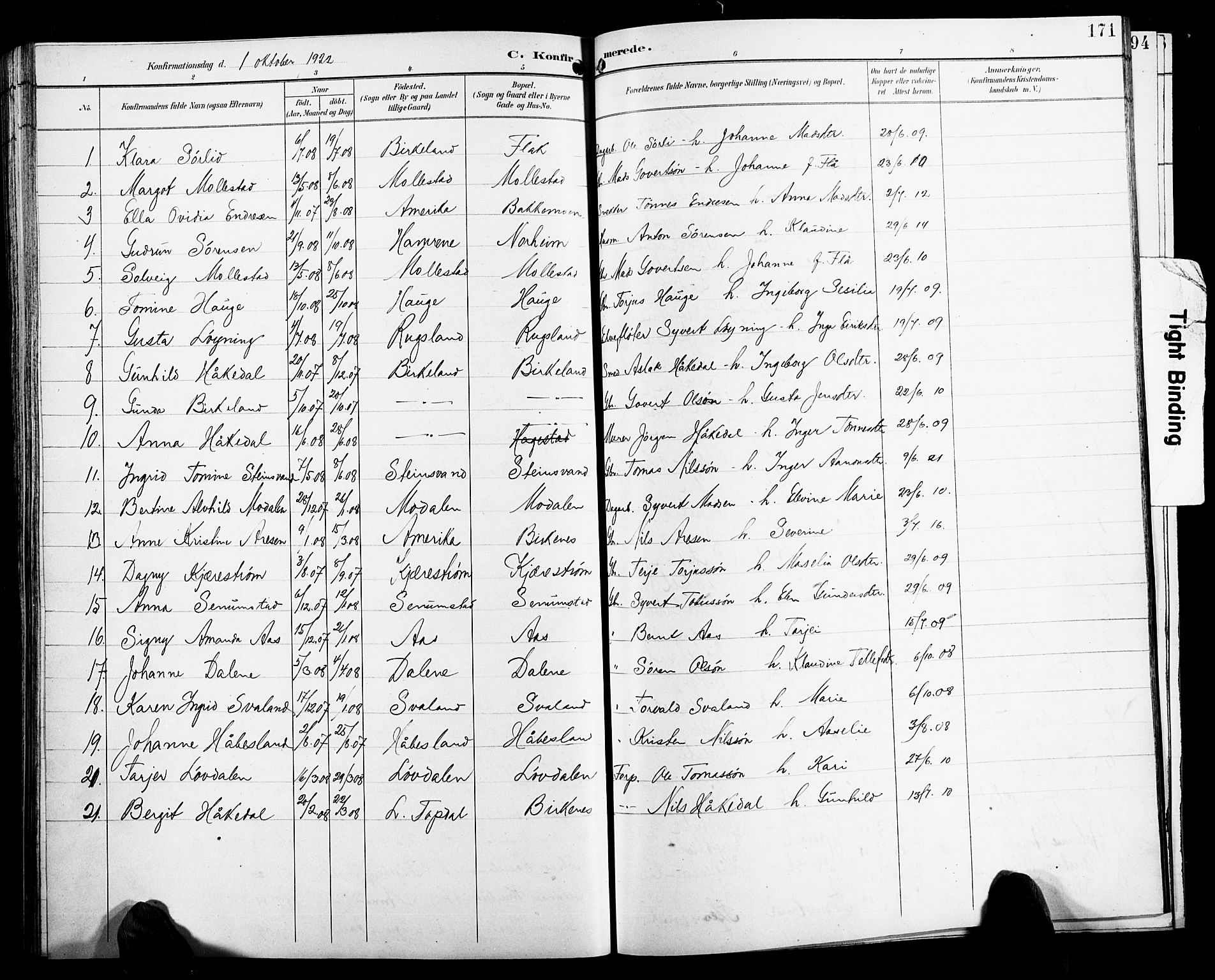 Birkenes sokneprestkontor, SAK/1111-0004/F/Fb/L0004: Parish register (copy) no. B 4, 1893-1930, p. 171