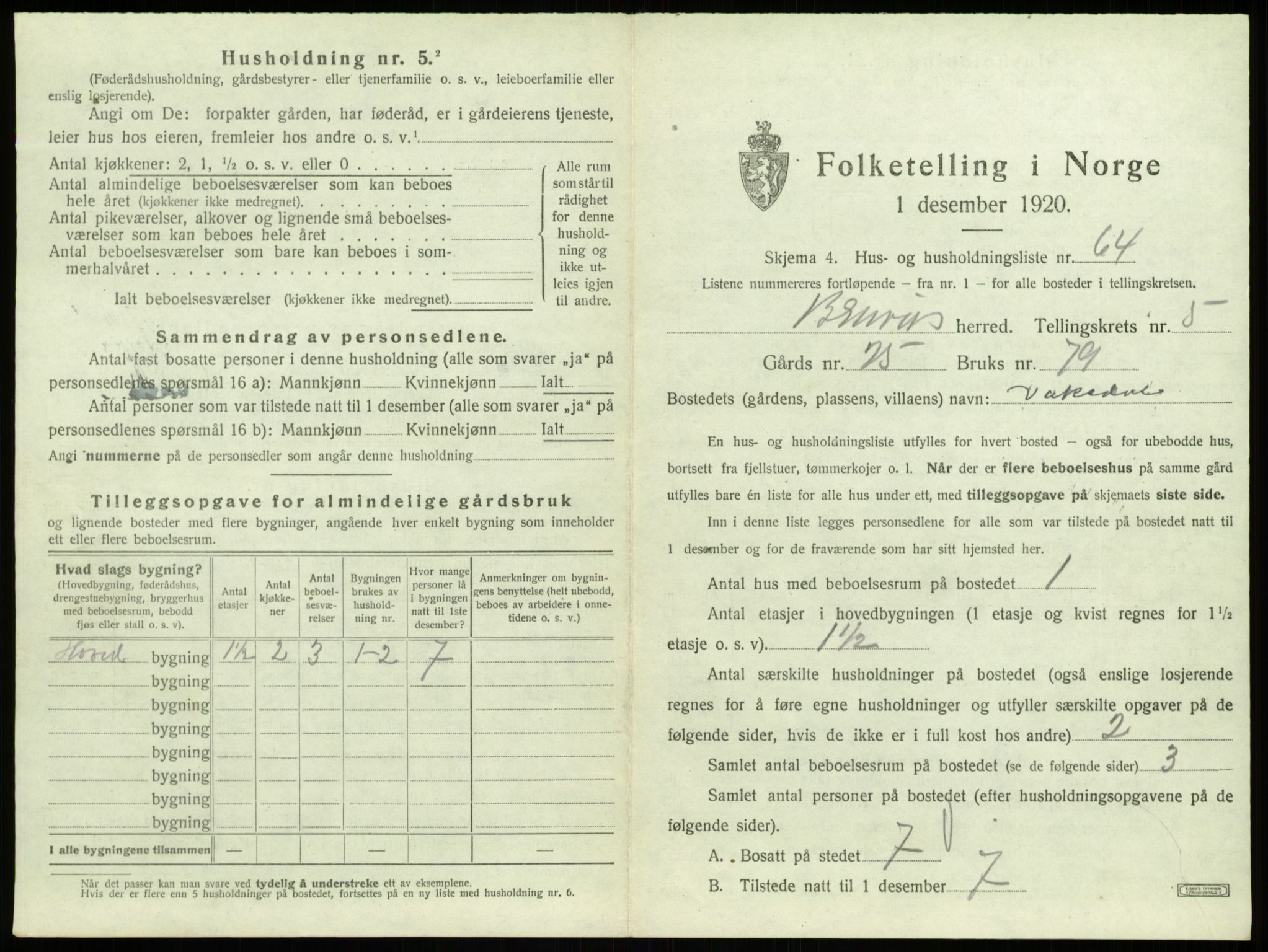 SAB, 1920 census for Bruvik, 1920, p. 397