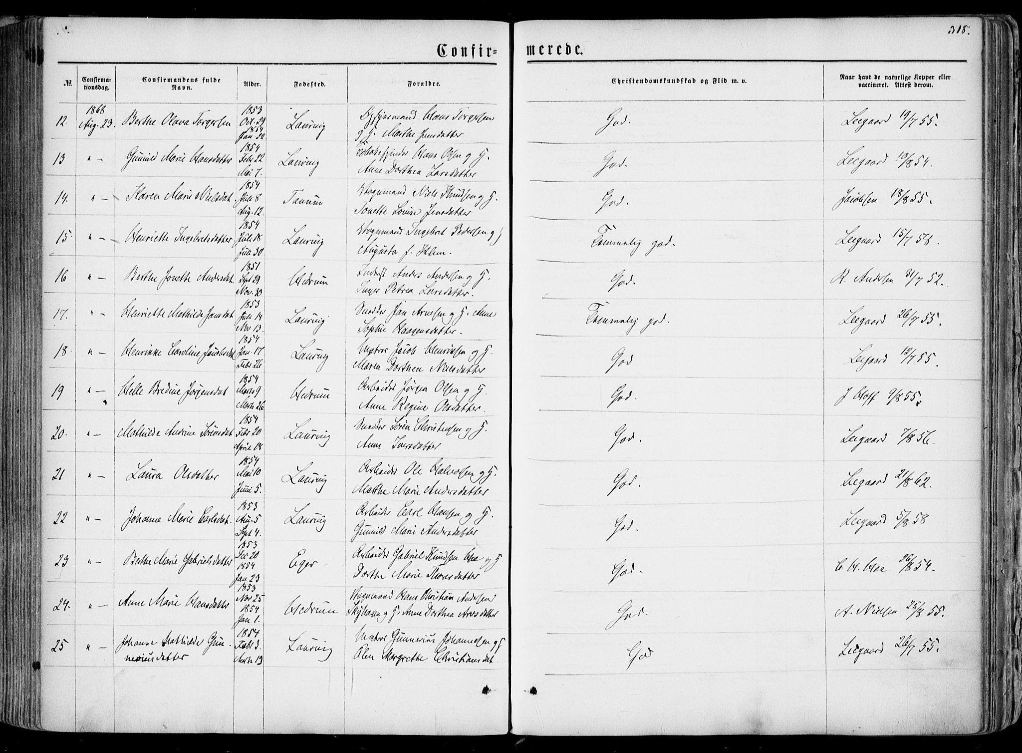 Larvik kirkebøker, AV/SAKO-A-352/F/Fa/L0004: Parish register (official) no. I 4, 1856-1870, p. 318