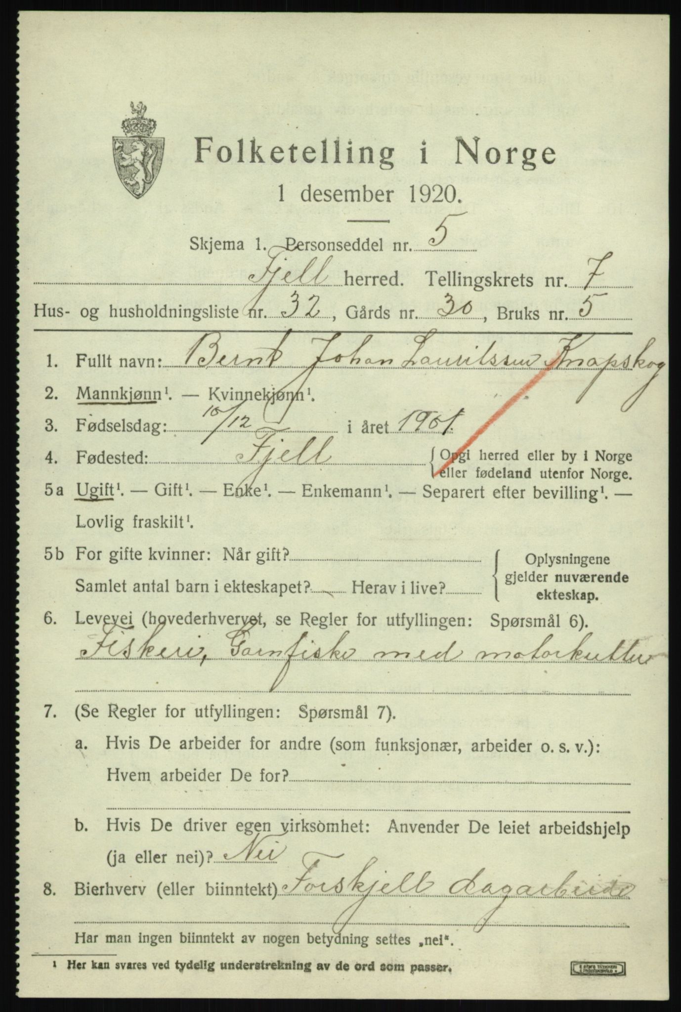 SAB, 1920 census for Fjell, 1920, p. 6820