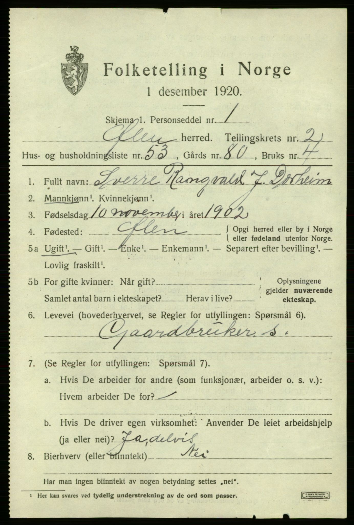 SAB, 1920 census for Ølen, 1920, p. 1551