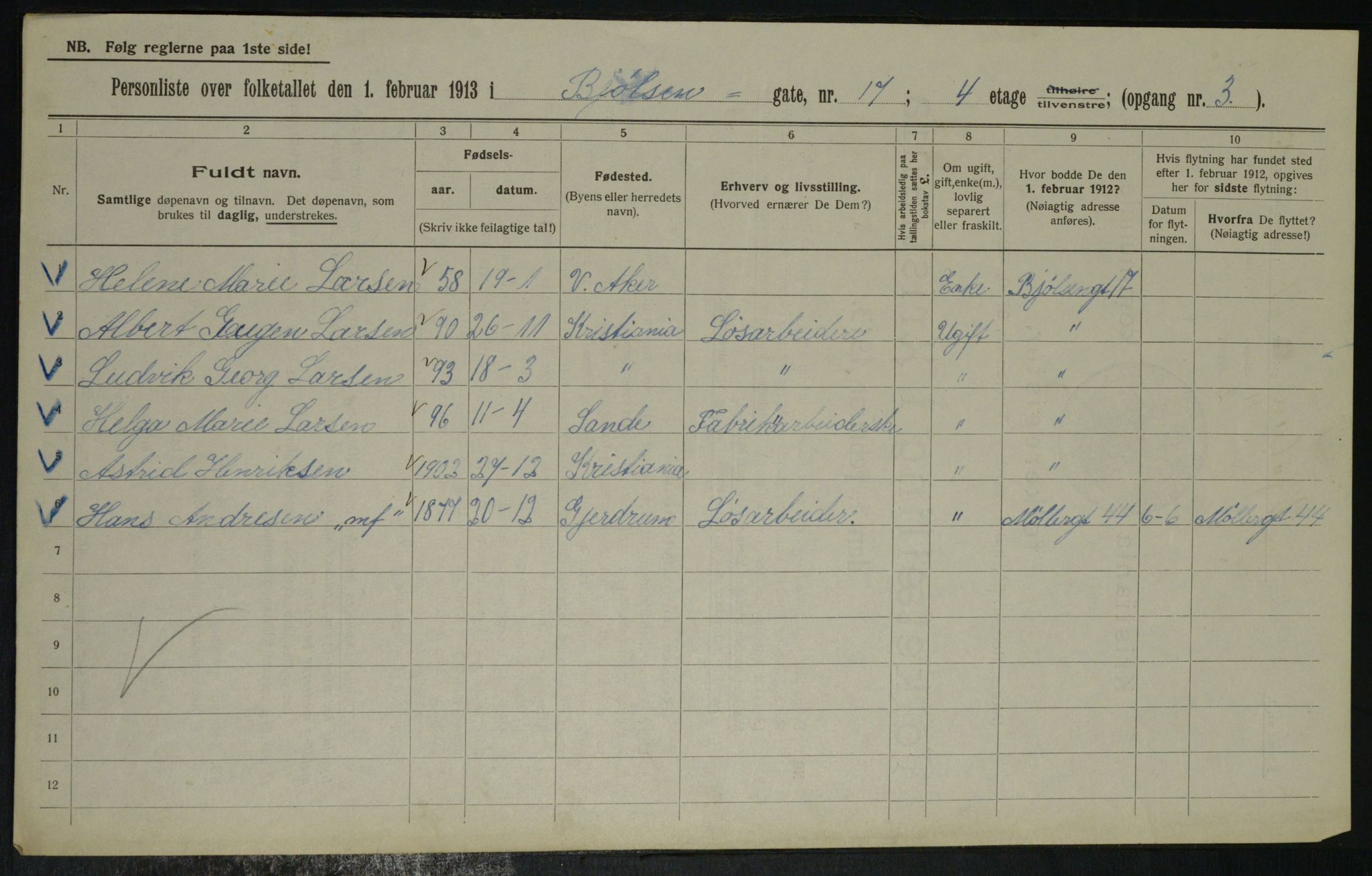 OBA, Municipal Census 1913 for Kristiania, 1913, p. 6435