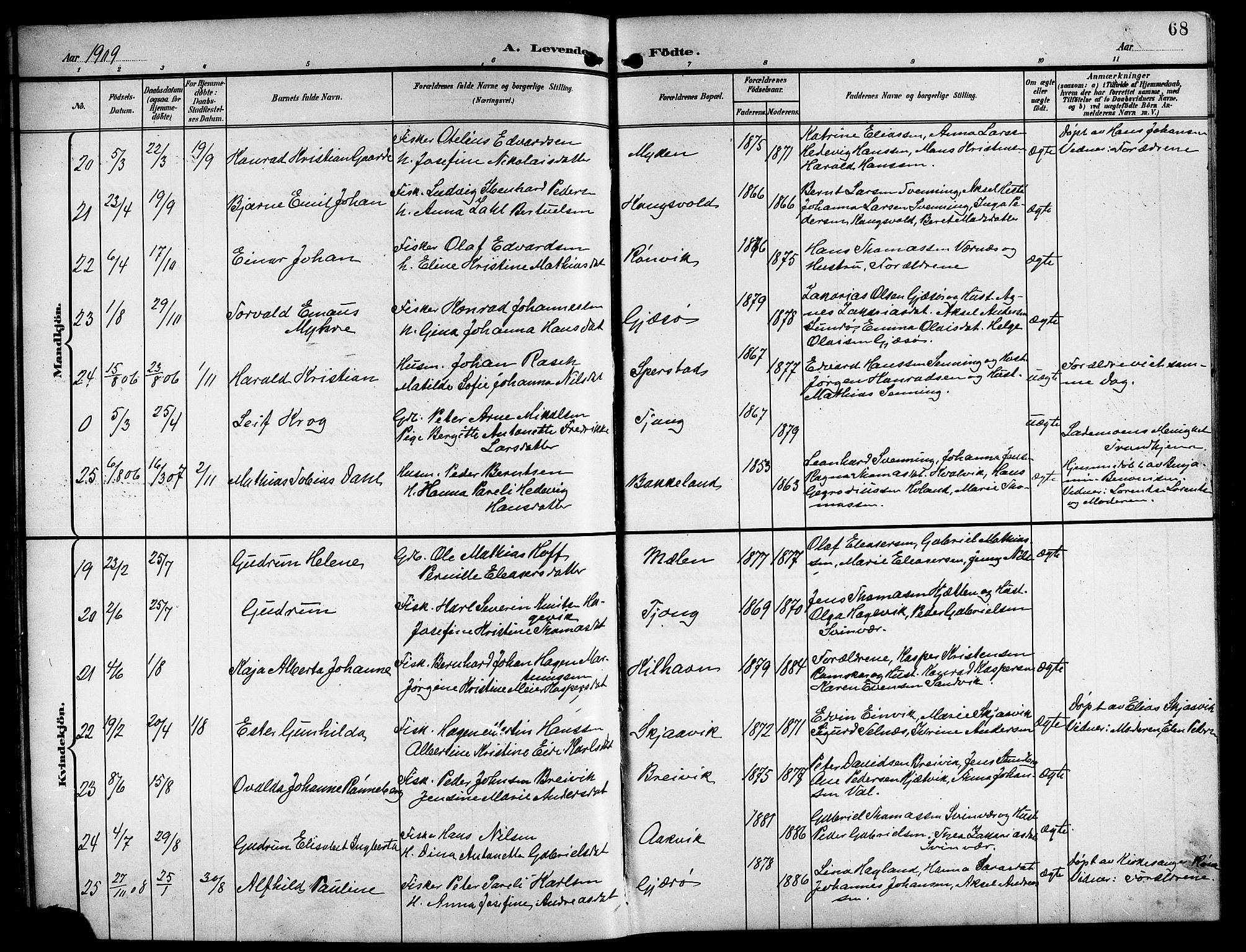 Ministerialprotokoller, klokkerbøker og fødselsregistre - Nordland, AV/SAT-A-1459/841/L0621: Parish register (copy) no. 841C05, 1897-1923, p. 68