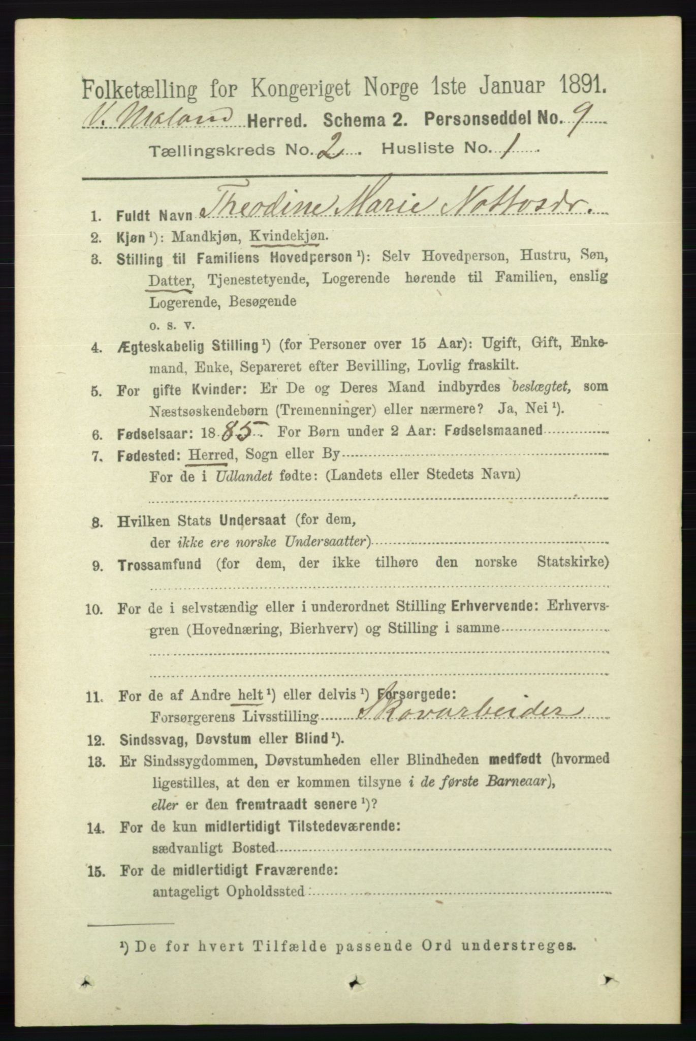 RA, 1891 census for 0926 Vestre Moland, 1891, p. 635