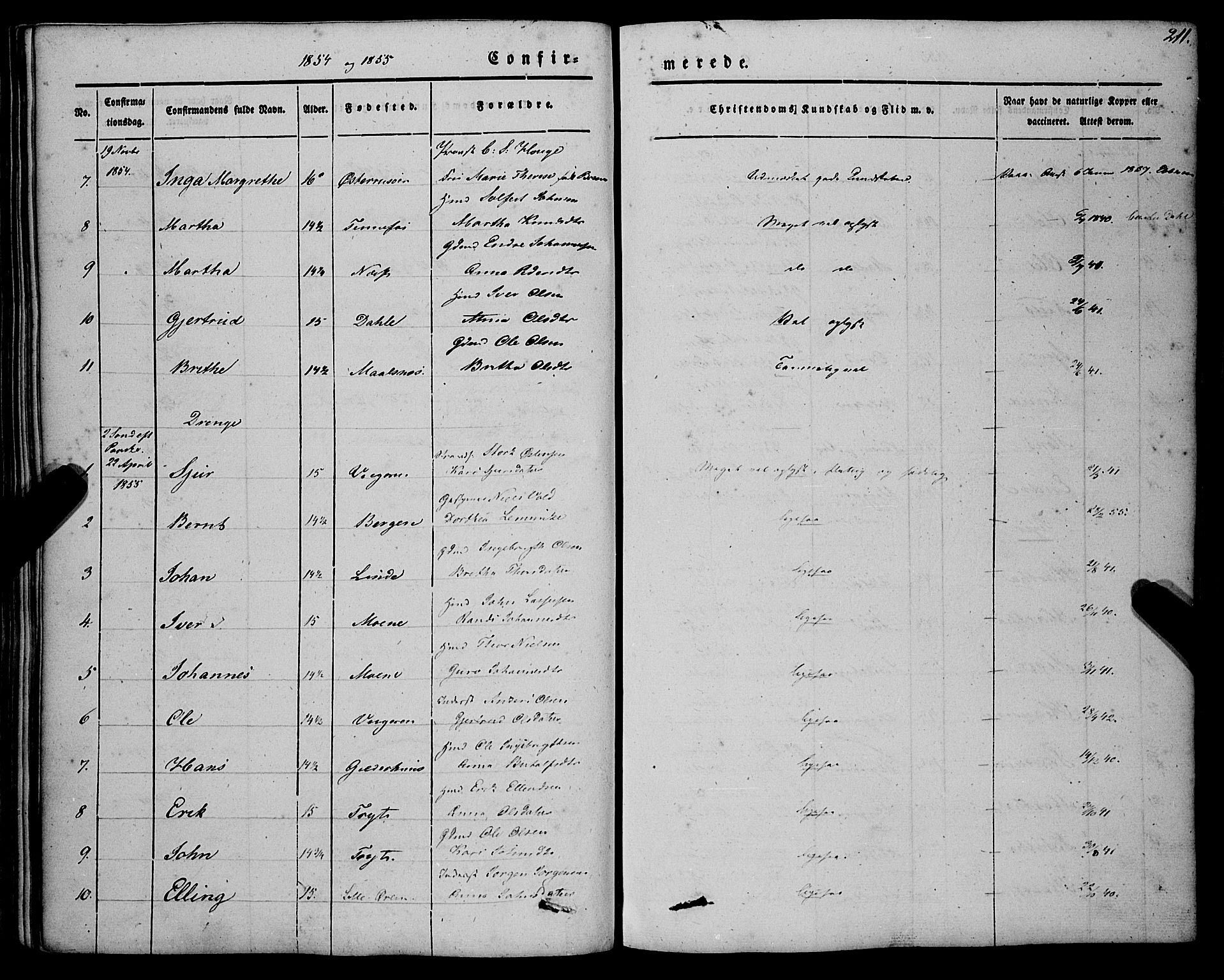 Vik sokneprestembete, AV/SAB-A-81501/H/Haa/Haaa/L0008: Parish register (official) no. A 8, 1846-1865, p. 211