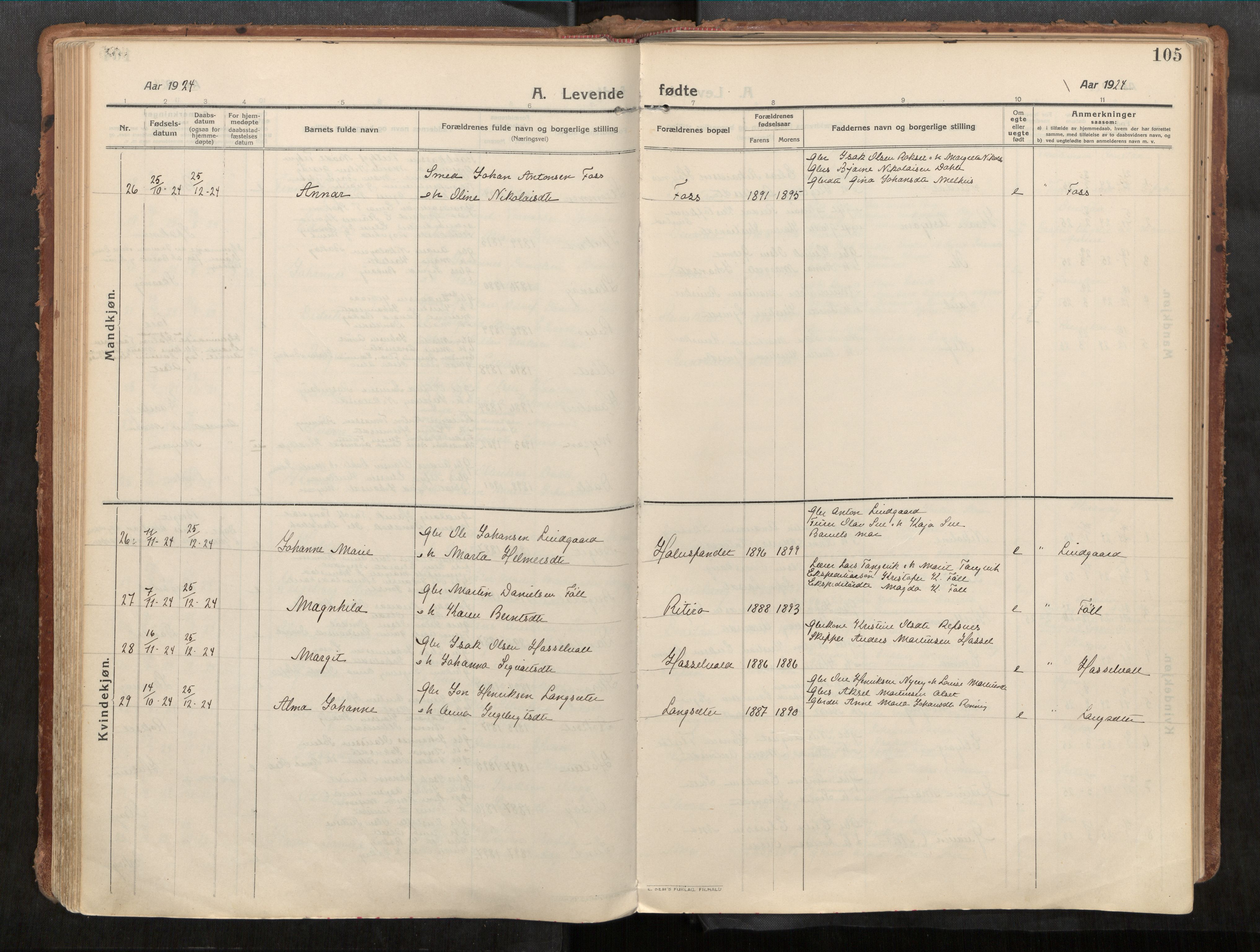 Stadsbygd sokneprestkontor, AV/SAT-A-1117/1/I/I1/I1a/L0001: Parish register (official) no. 1, 1911-1929, p. 105