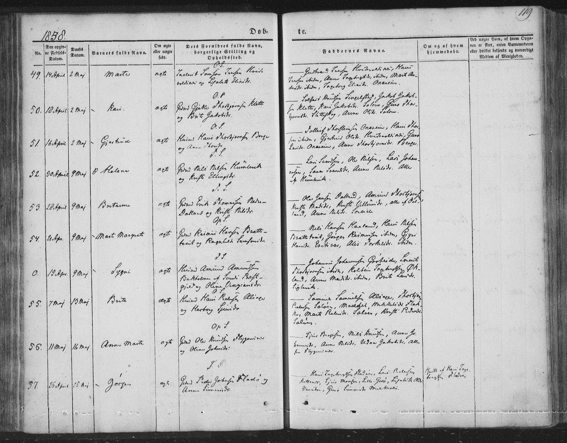 Tysnes sokneprestembete, SAB/A-78601/H/Haa: Parish register (official) no. A 10, 1848-1859, p. 119