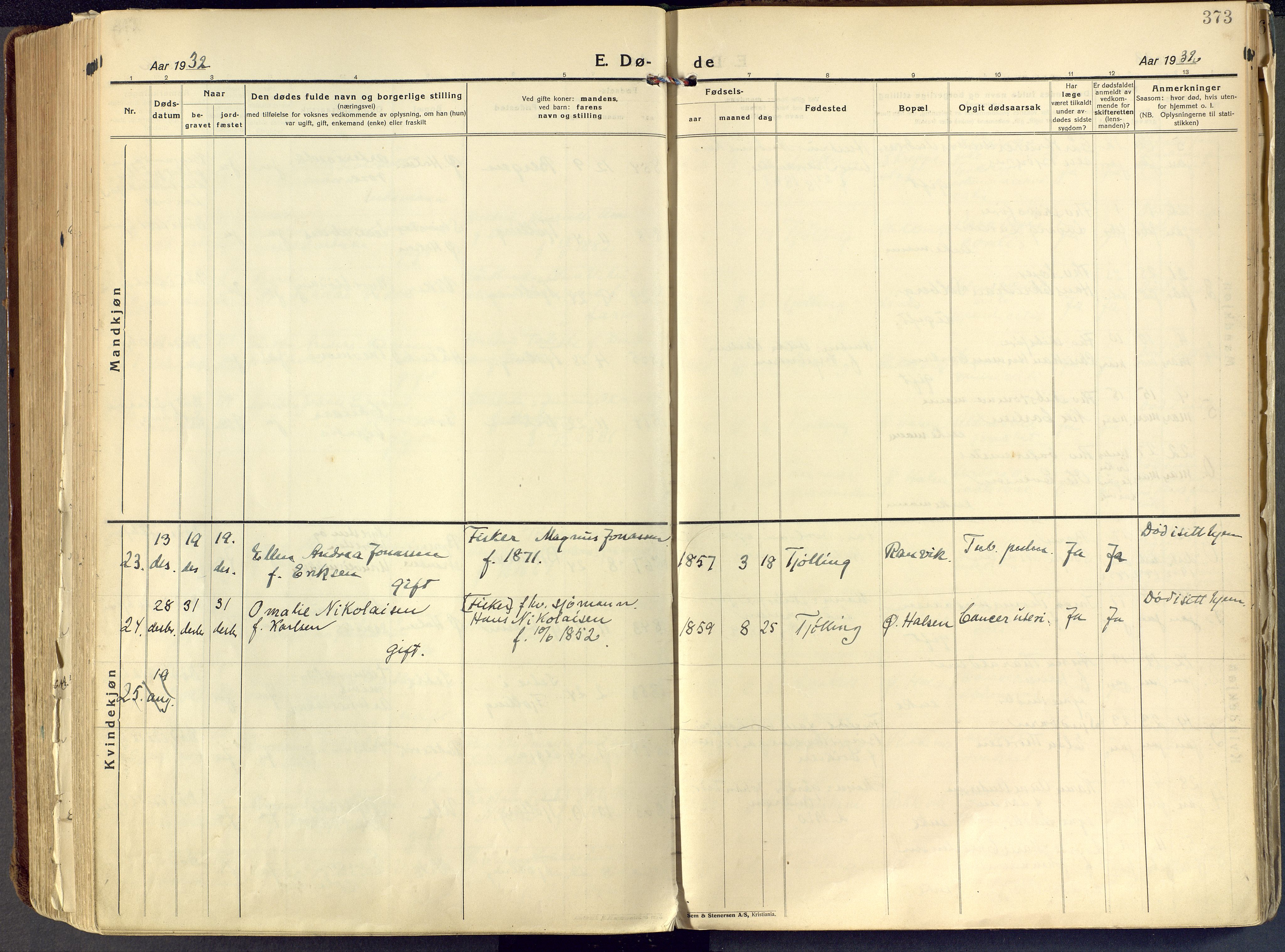 Tjølling kirkebøker, AV/SAKO-A-60/F/Fa/L0011: Parish register (official) no. 11, 1924-1943, p. 373