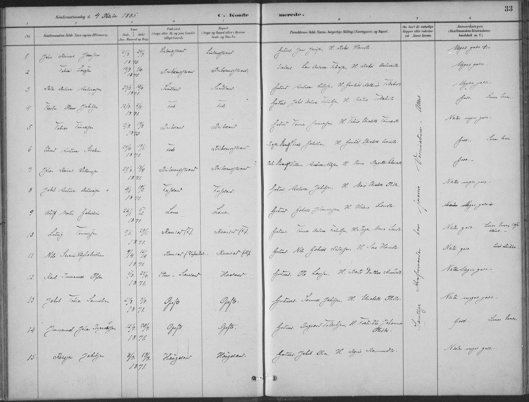 Kvinesdal sokneprestkontor, SAK/1111-0026/F/Fa/Faa/L0004: Parish register (official) no. A 4, 1882-1897, p. 33