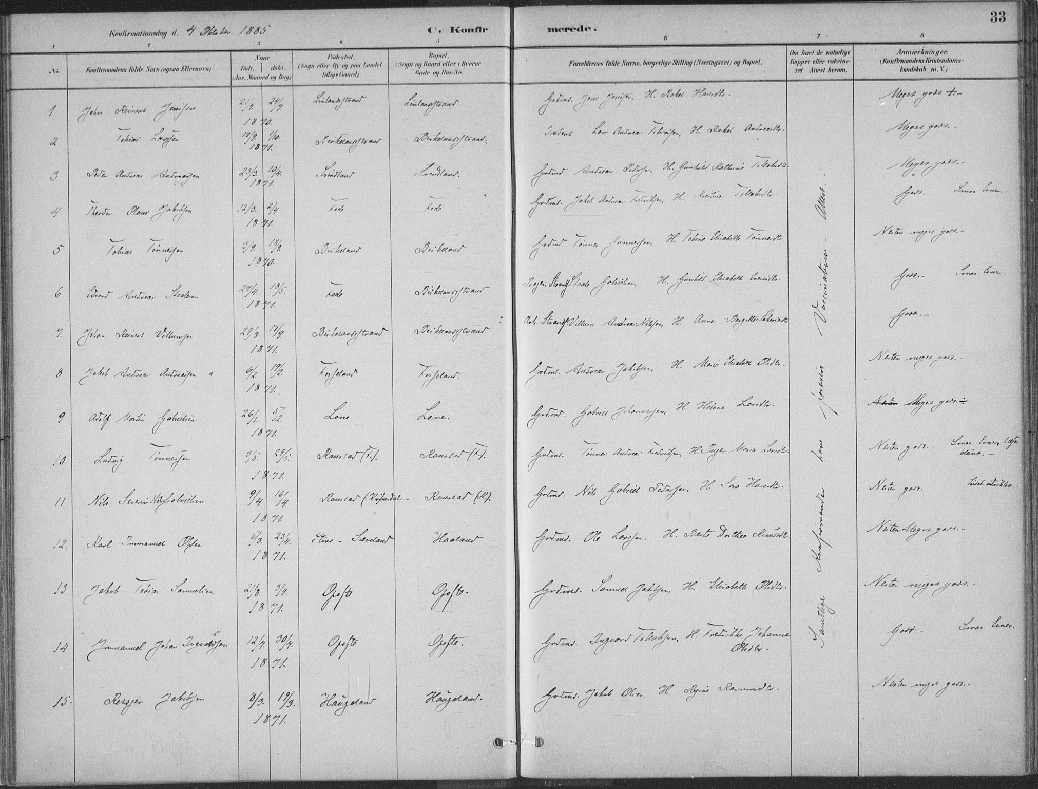 Kvinesdal sokneprestkontor, AV/SAK-1111-0026/F/Fa/Faa/L0004: Parish register (official) no. A 4, 1882-1897, p. 33